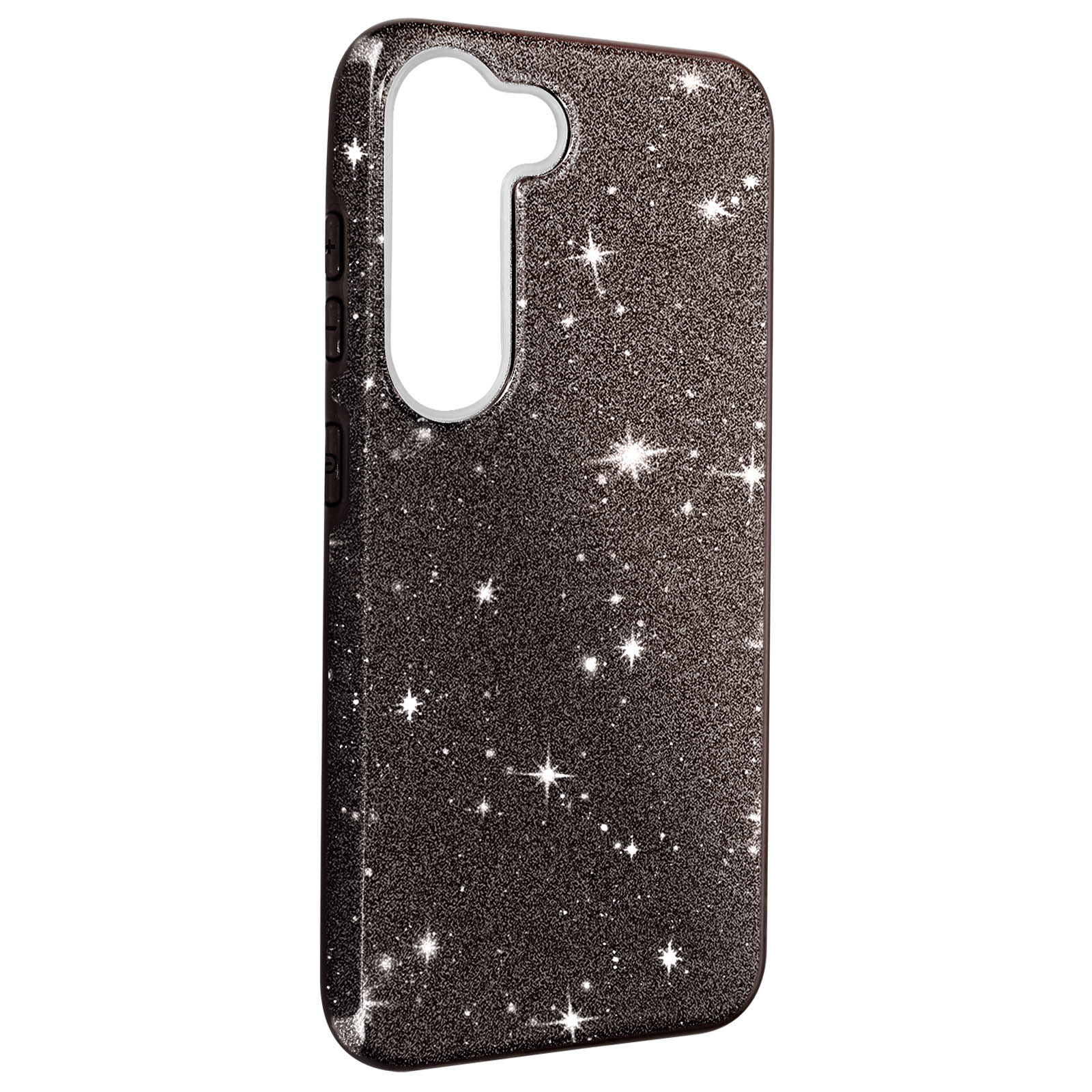 Una custodia per telefono nera scintillante con un ritaglio per la fotocamera e i pulsanti.