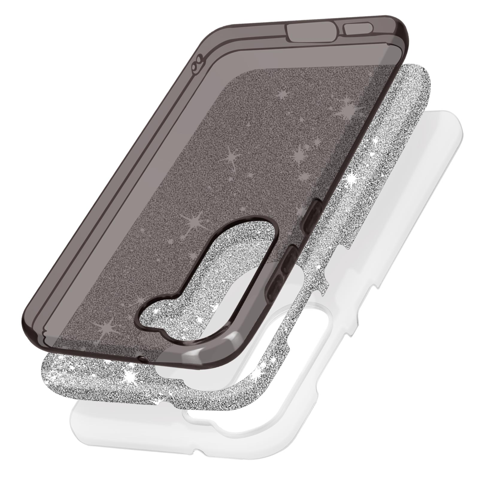 Tre strati di custodia del telefono. Cornice grigio scuro, strato glitterato e retro bianco. Vista angolata.