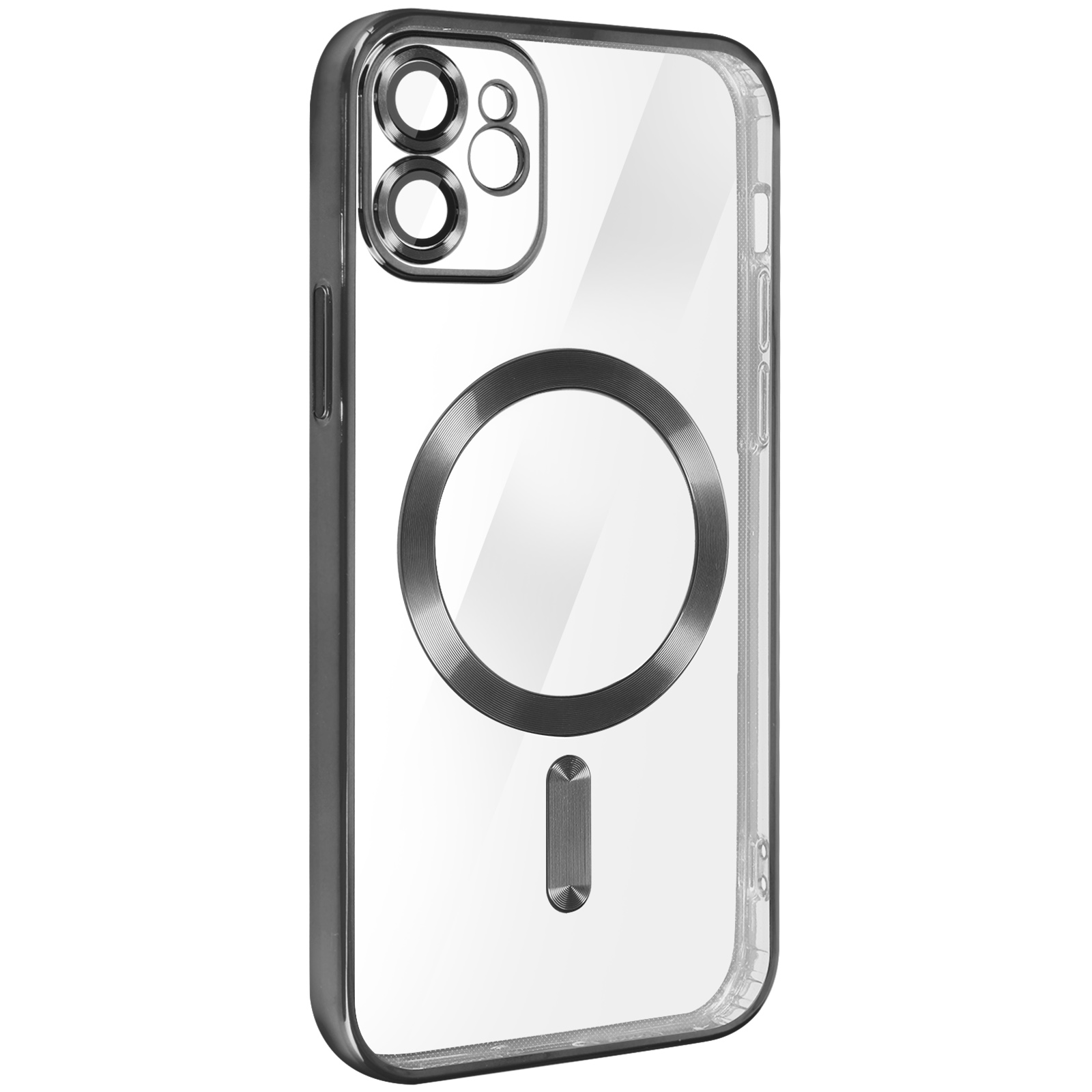 Custodia trasparente per telefono con dettagli fotocamera e anello.