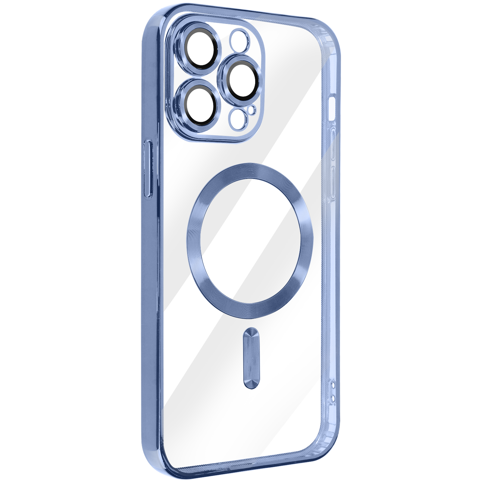 Custodia trasparente blu per telefono con magnete circolare e fori per la fotocamera, isolata.