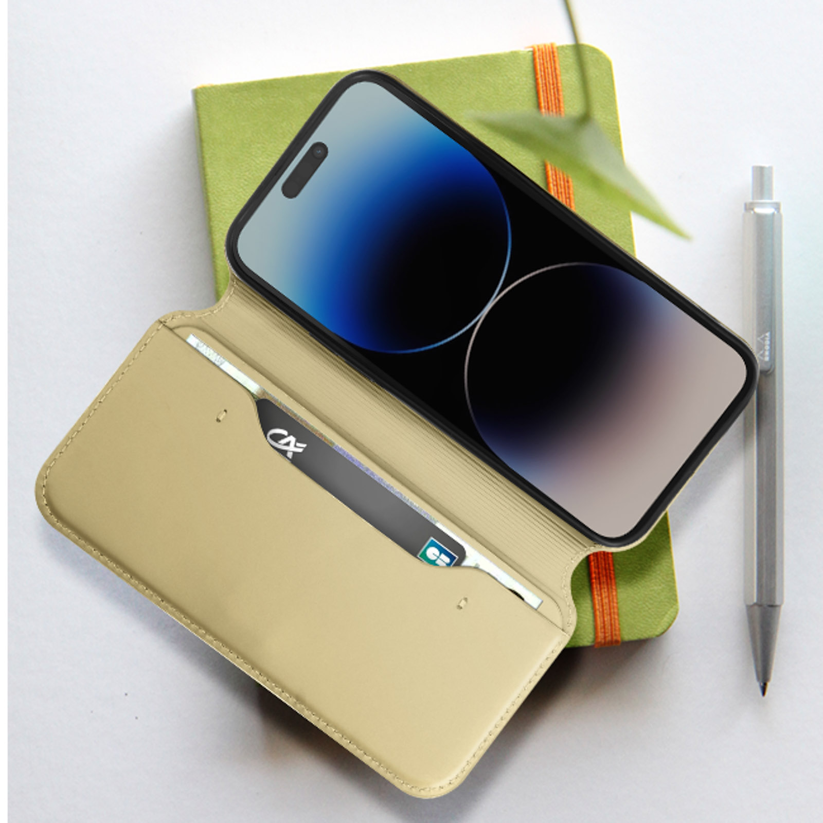 AVIZAR Dual Pockets Series, Apple, Bookcover, Gold iPhone Max, 14 Pro