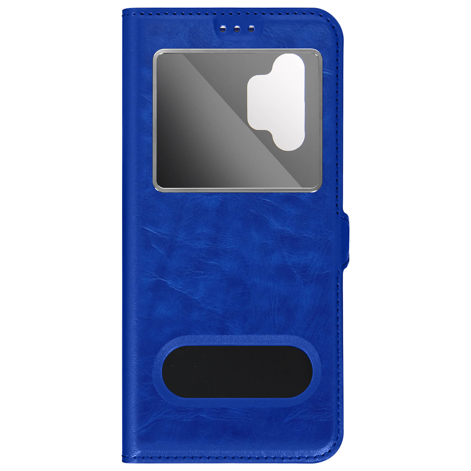 Una custodia per telefono blu con una finestra per lo schermo e un'area nera per la fotocamera.