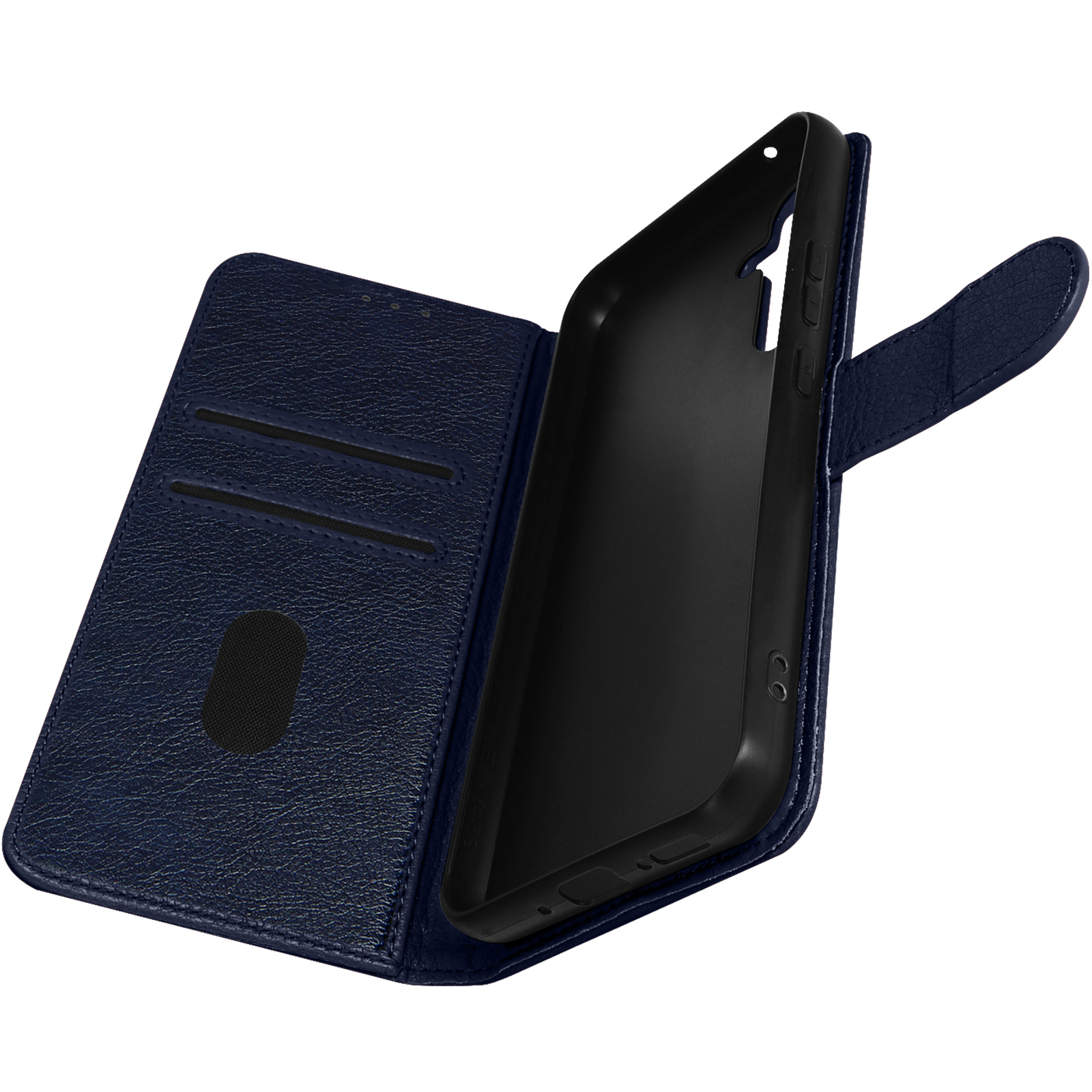 Offene blaue Leder-Handyhülle. Telefon ist drin. Zwei Kartenfächer. Weißer Hintergrund.
