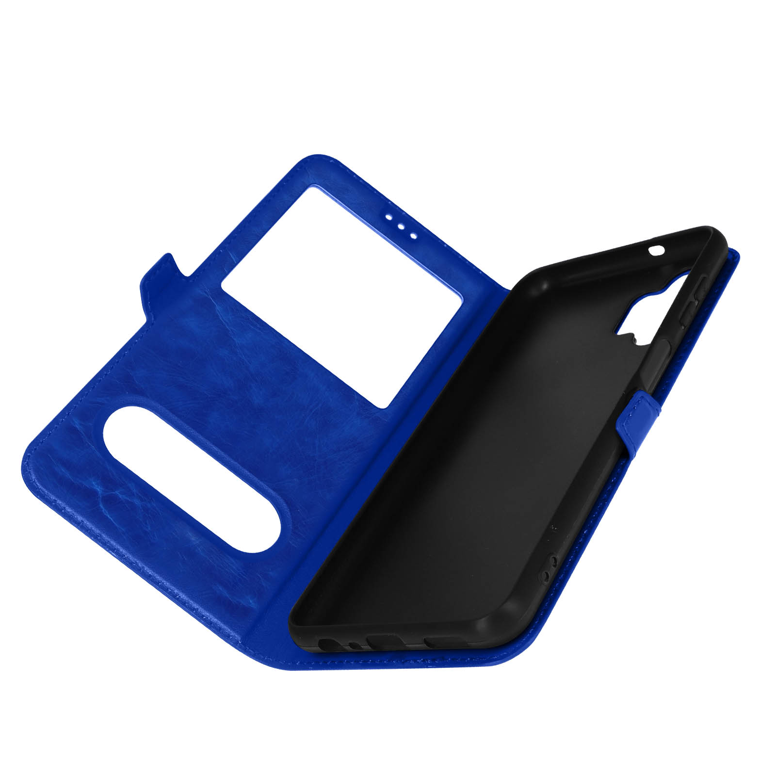 Custodia blu aperta. Interno nero con finestra.