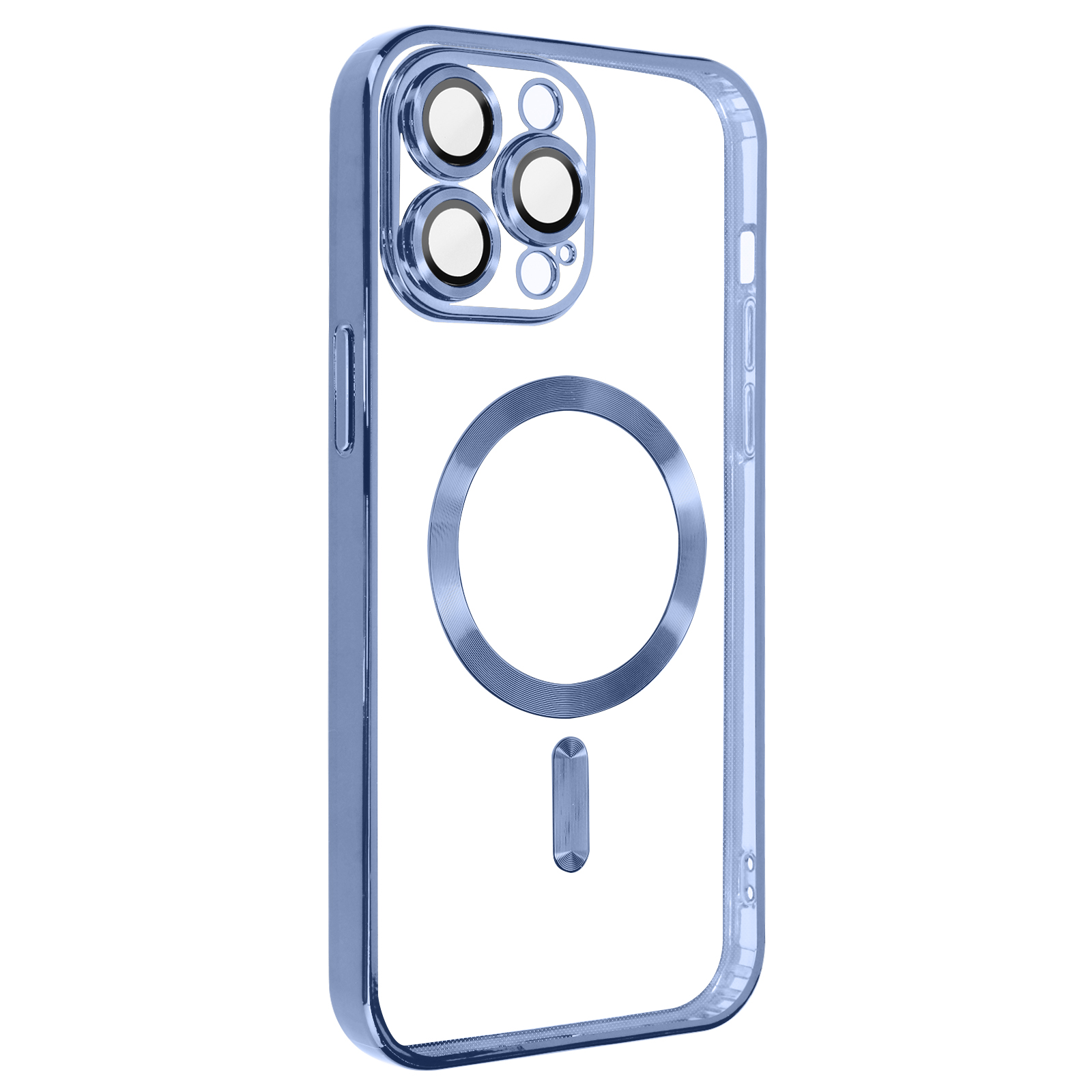 Custodia per telefono blu trasparente con ritaglio per fotocamera e cerchio bianco. La custodia ha un anello magnetico.