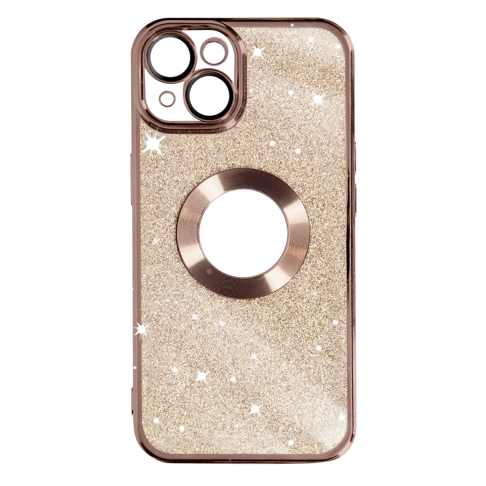 Custodia oro rosa con glitter e fori per fotocamera.
