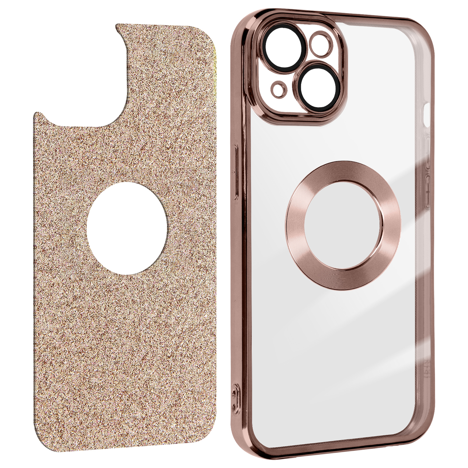 Una custodia per telefono con un retro dorato scintillante e una cornice in oro rosa, con un design circolare.
