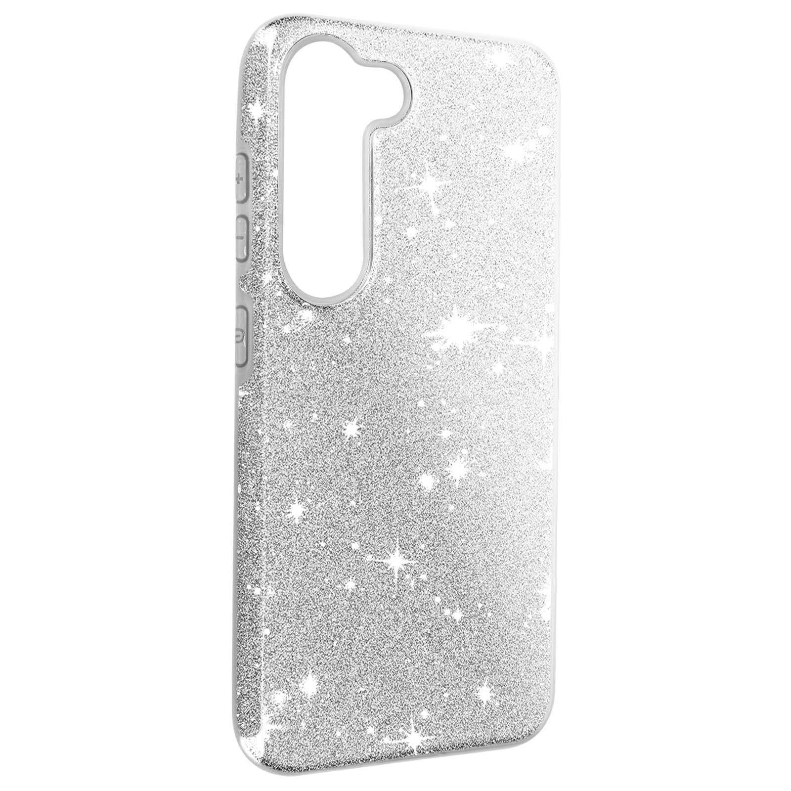 Custodia per telefono argentata con effetto glitter. La custodia ha bordi trasparenti e superficie scintillante.