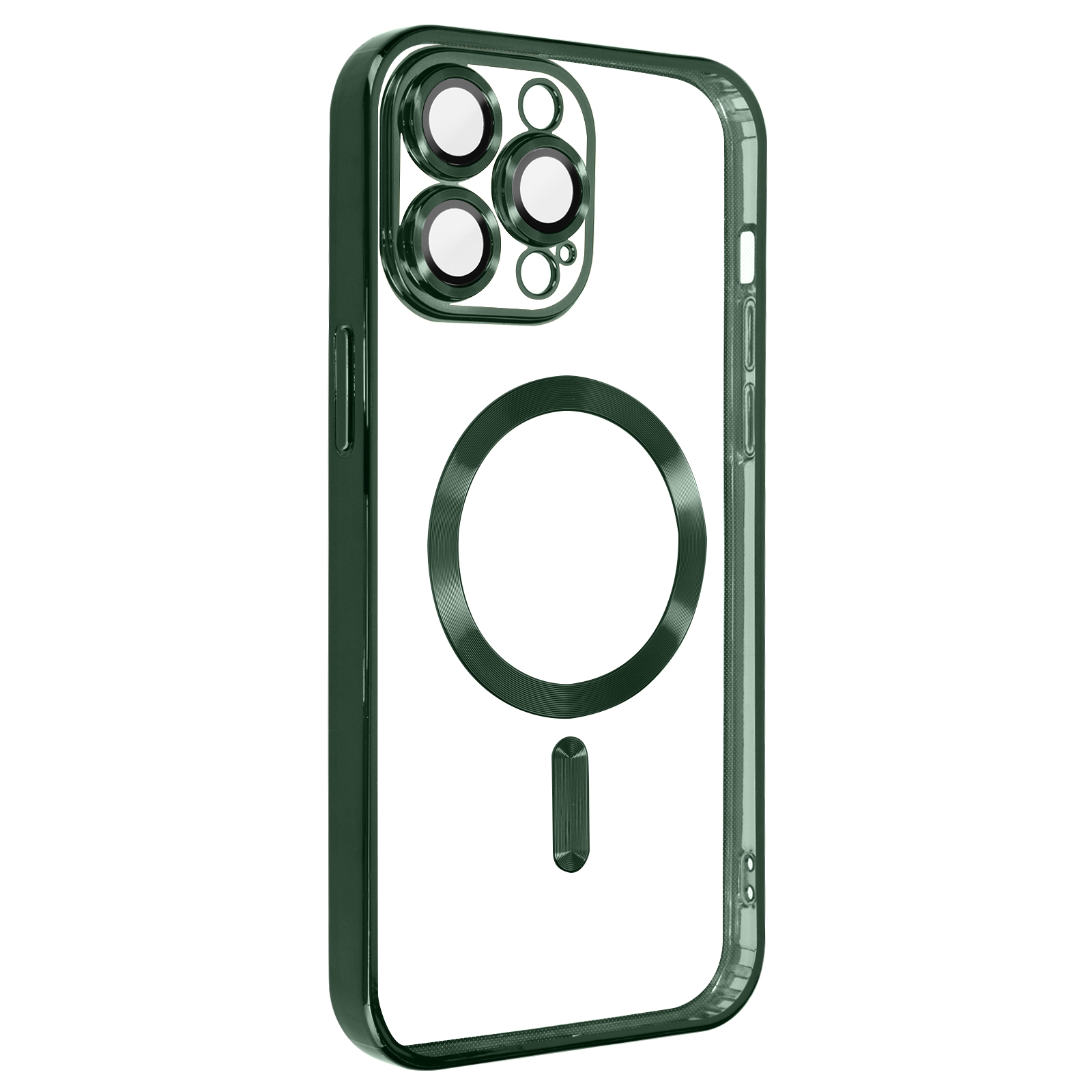 Custodia per telefono verde con lenti della fotocamera visibili e un cerchio bianco con un segno meno.