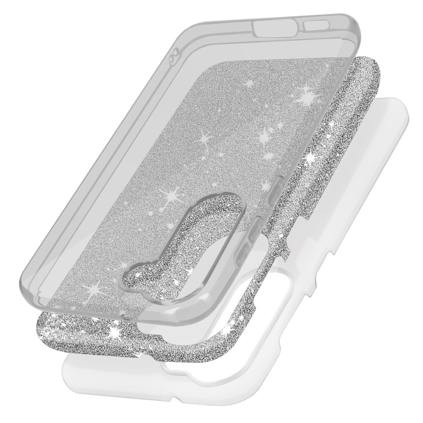 Tre strati di una custodia per telefono con glitter, che mostrano i componenti.