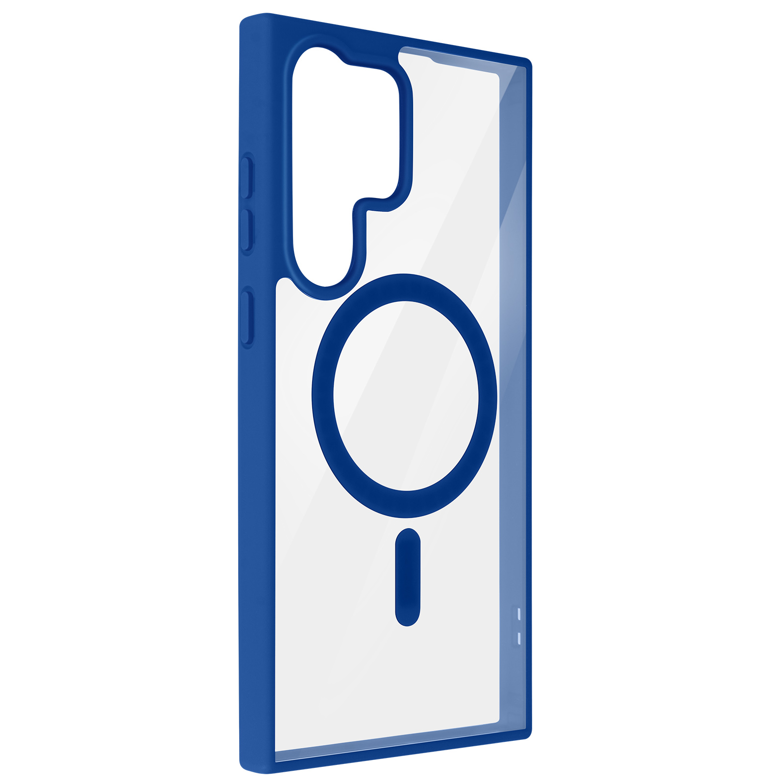 Custodia blu per telefono con centro trasparente e simbolo negativo, vista laterale.