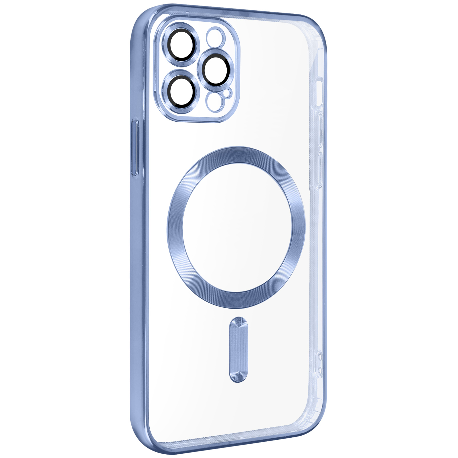 Custodia blu per telefono con cerchio MagSafe e ritaglio fotocamera. Custodia trasparente.