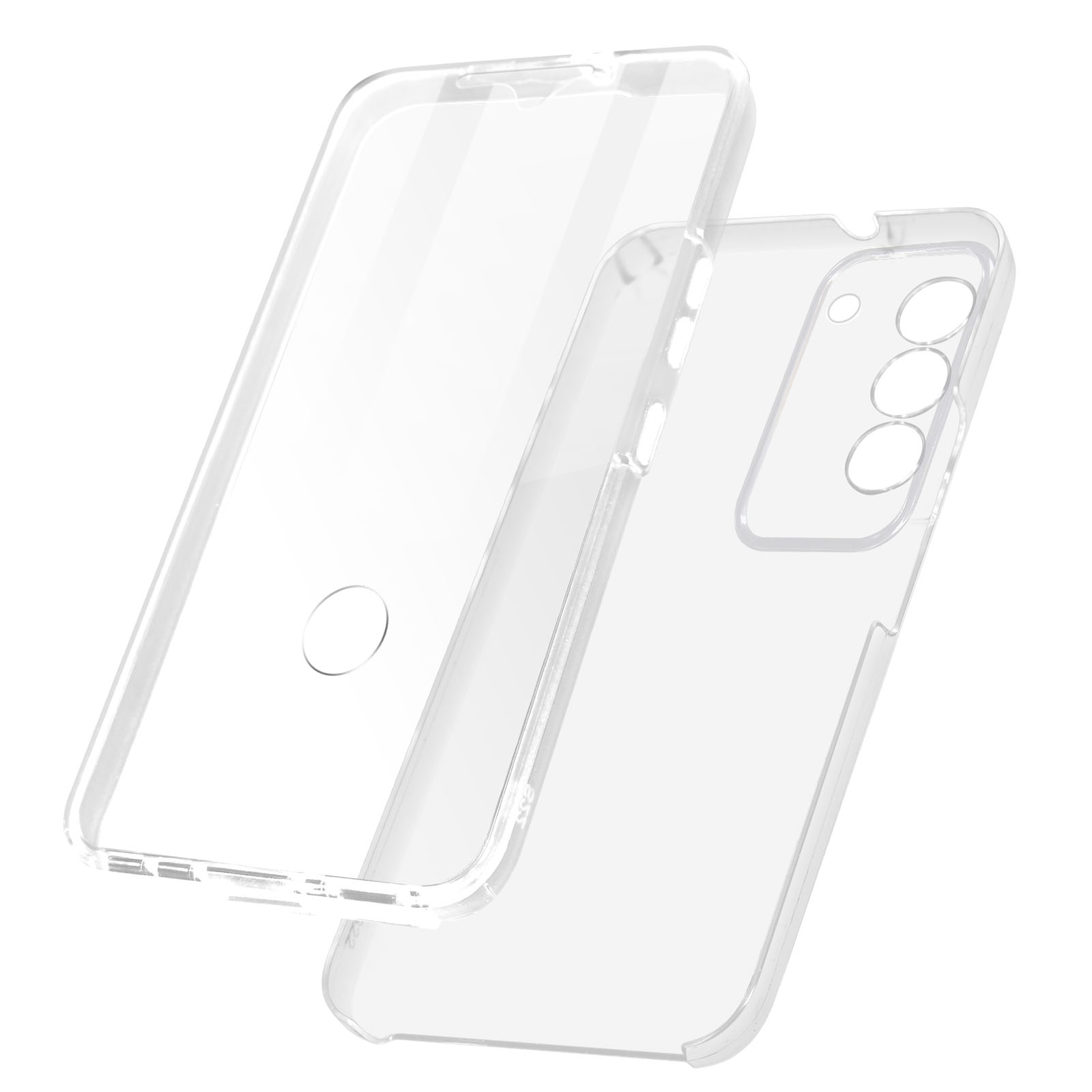 Custodie trasparenti per telefono. Due pezzi. Uno per il retro, uno per lo schermo. Plastica trasparente.