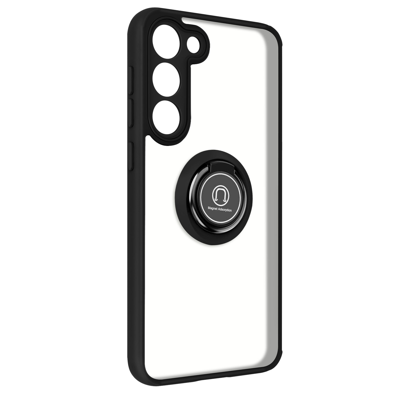 Una custodia per telefono con cornice nera, retro bianco e anello nero con anello argentato al centro.