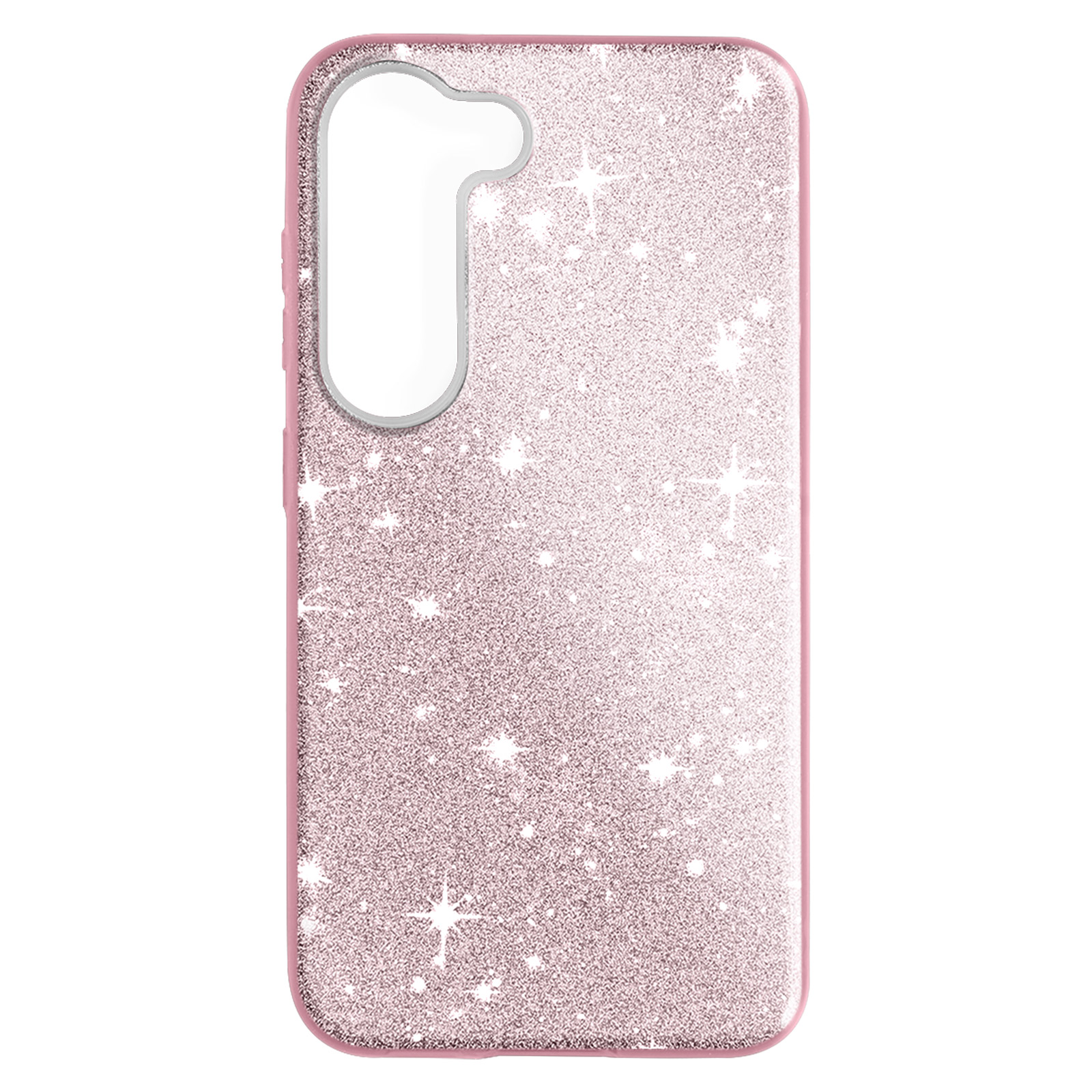 Custodia rosa glitterata con motivi a stella.
