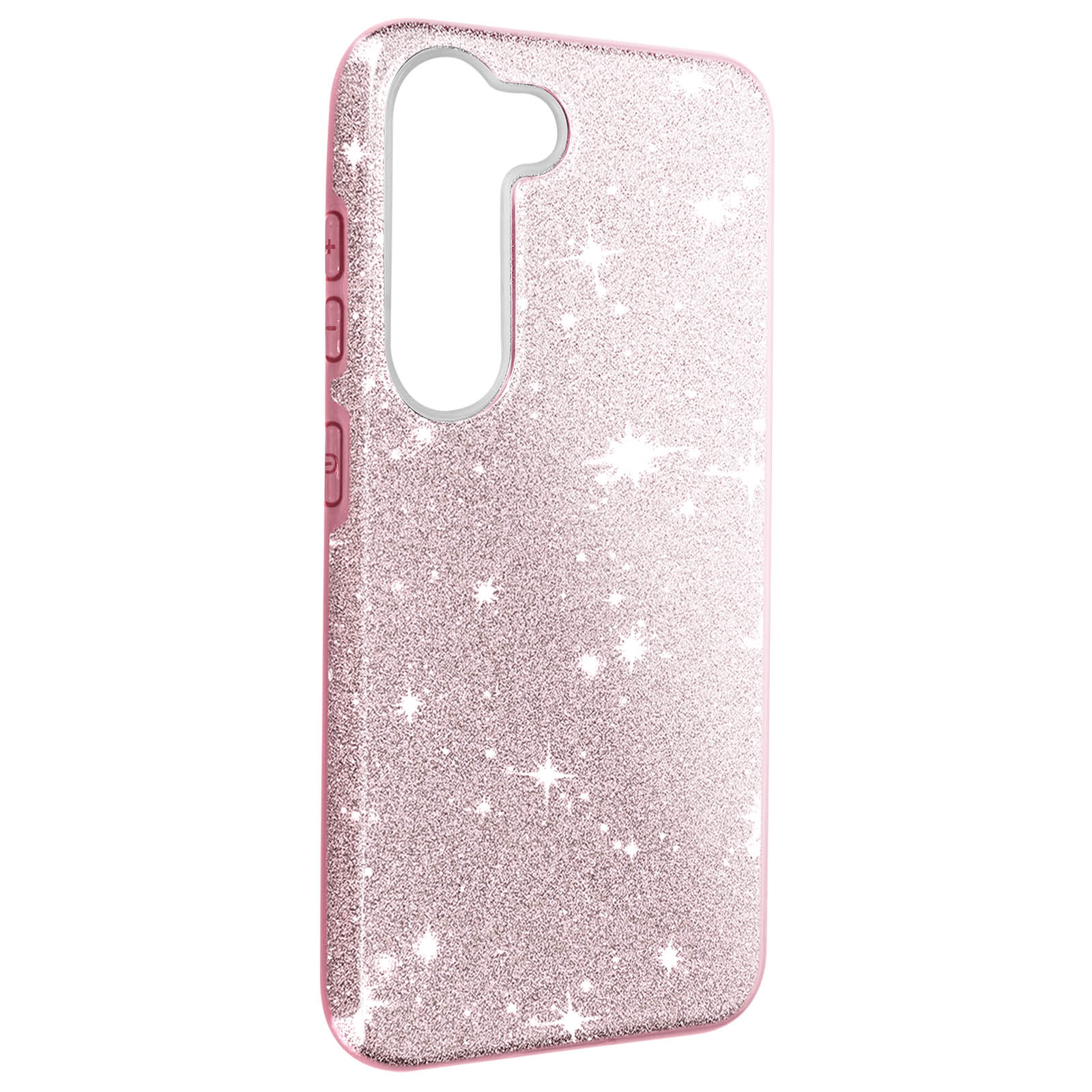 Custodia per telefono rosa scintillante con ritagli per fotocamera e pulsanti. Sfondo bianco.