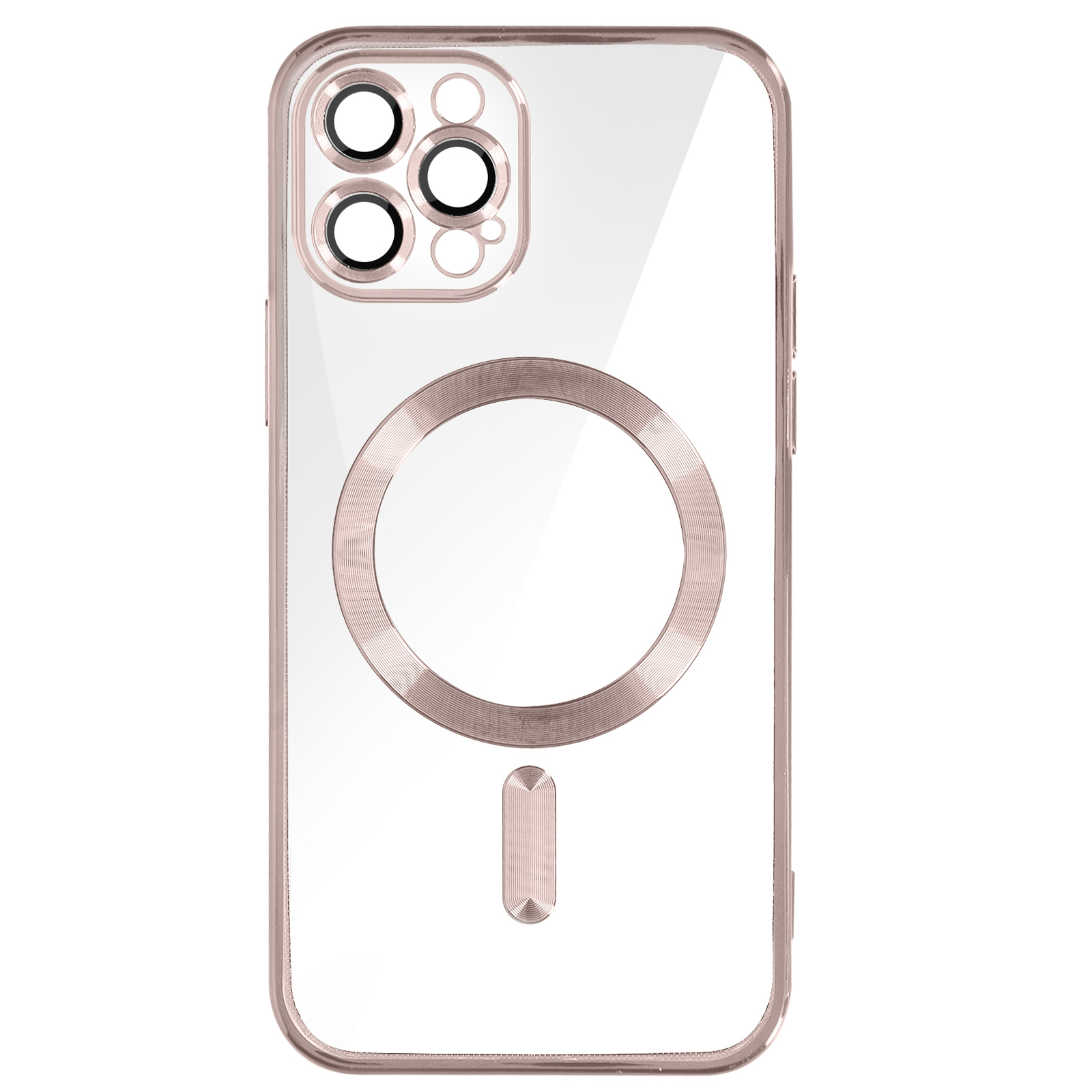 Custodia trasparente per telefono con bordi oro rosa e design circolare. Sfondo bianco.
