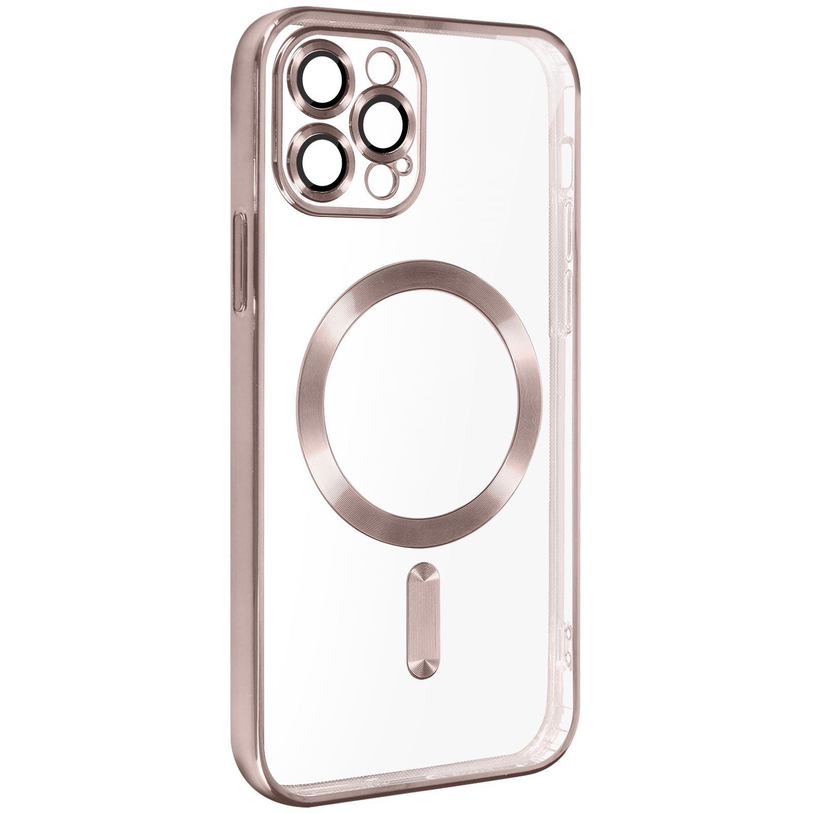 Custodia trasparente per telefono con dettagli in oro rosa. Ha ritagli per la fotocamera e un cerchio magnetico.