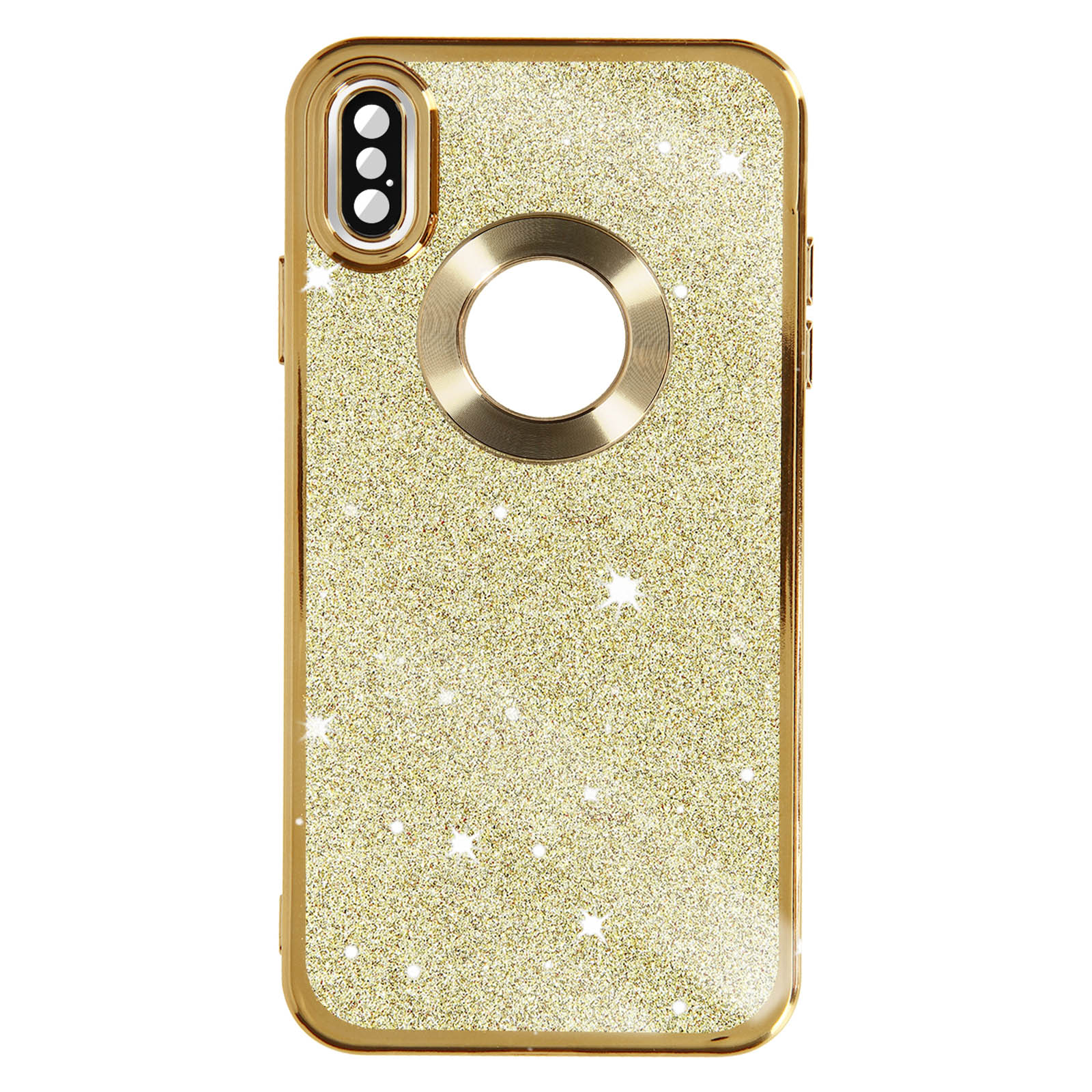 Una custodia dorata per telefono con glitter e supporto ad anello è mostrata da dietro.