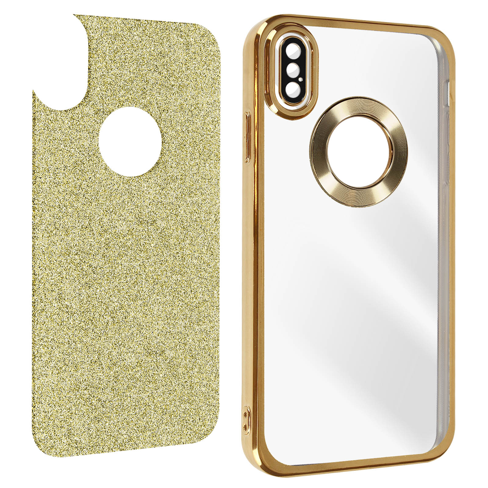 Custodia dorata per telefono con retro glitterato e custodia trasparente con cornice dorata.