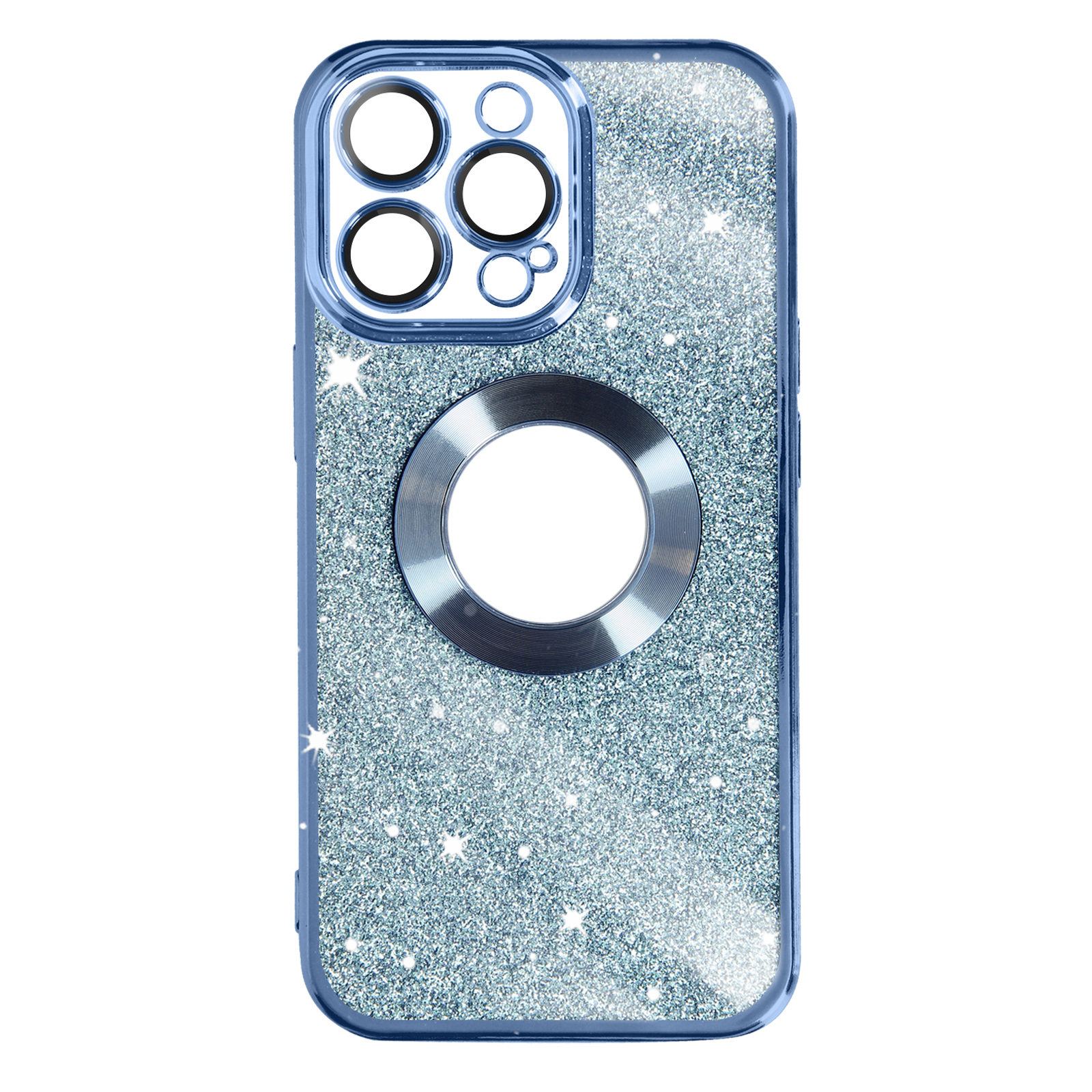 Una custodia per telefono blu glitterata con ritagli per fotocamera.