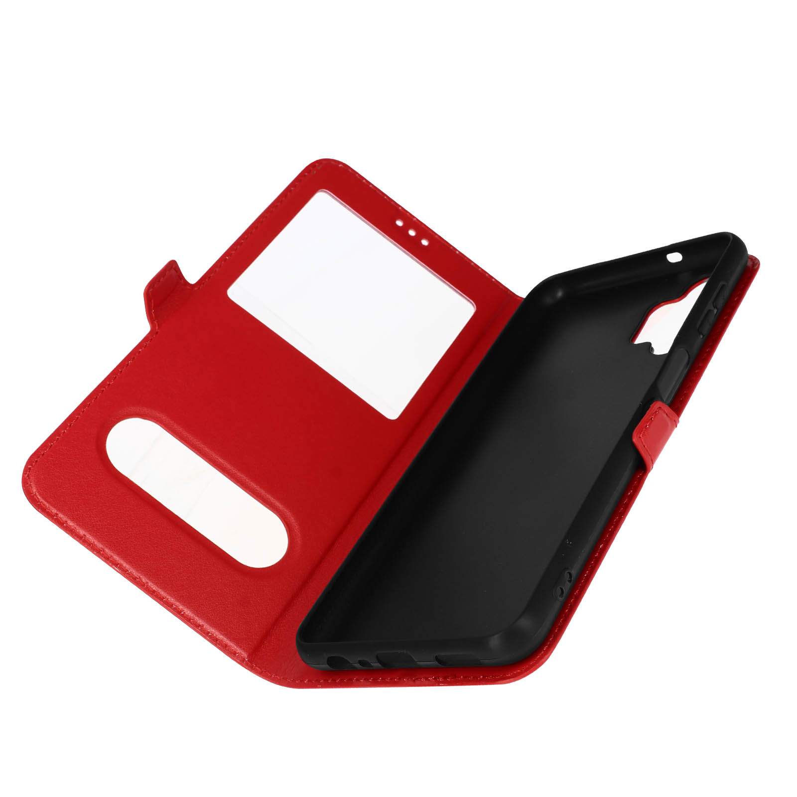 Custodia rossa per telefono aperta, che mostra un telefono all'interno e una finestra trasparente, su sfondo bianco.