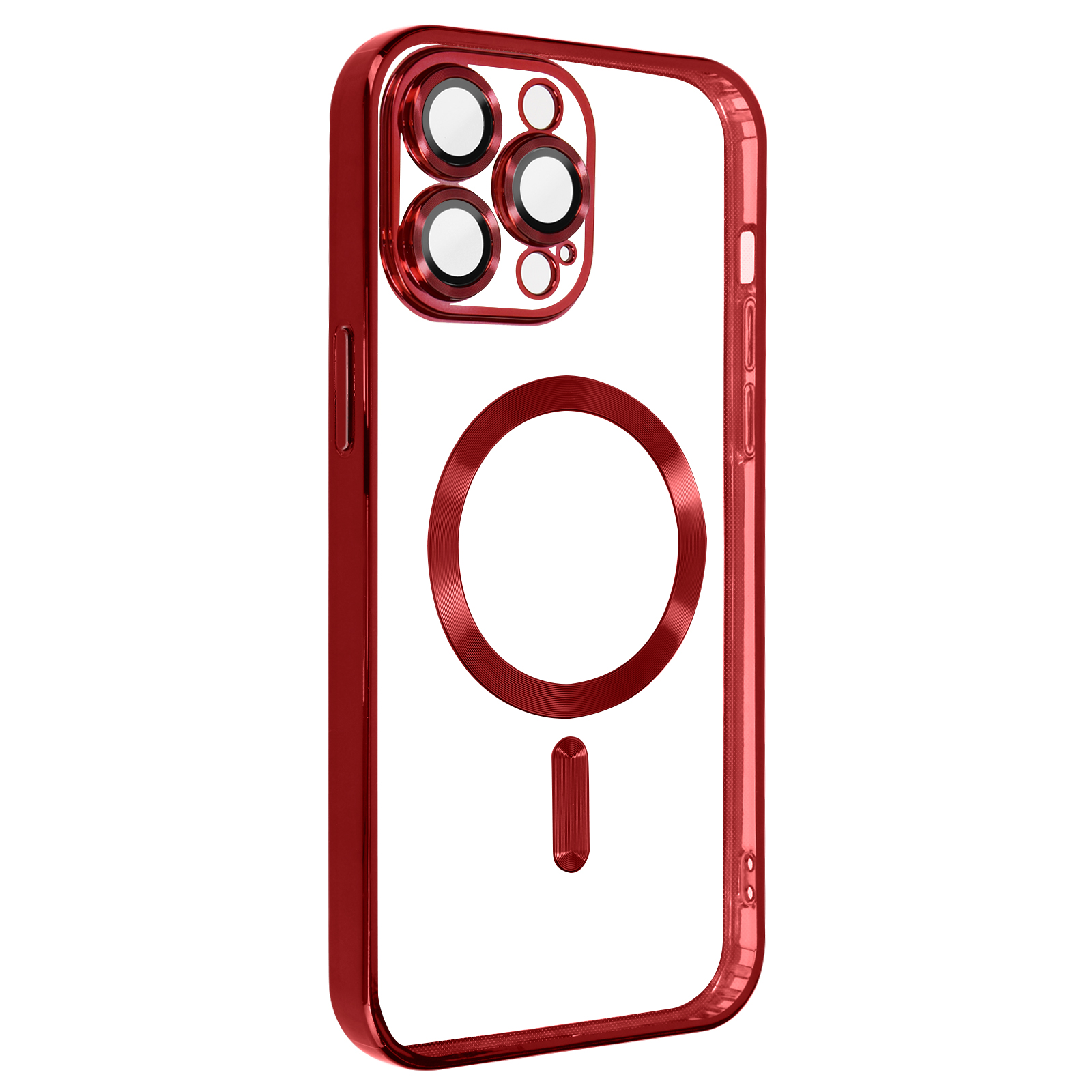 Coque de téléphone rouge. Transparente et comporte des découpes pour la caméra et une découpe circulaire. Fond blanc.