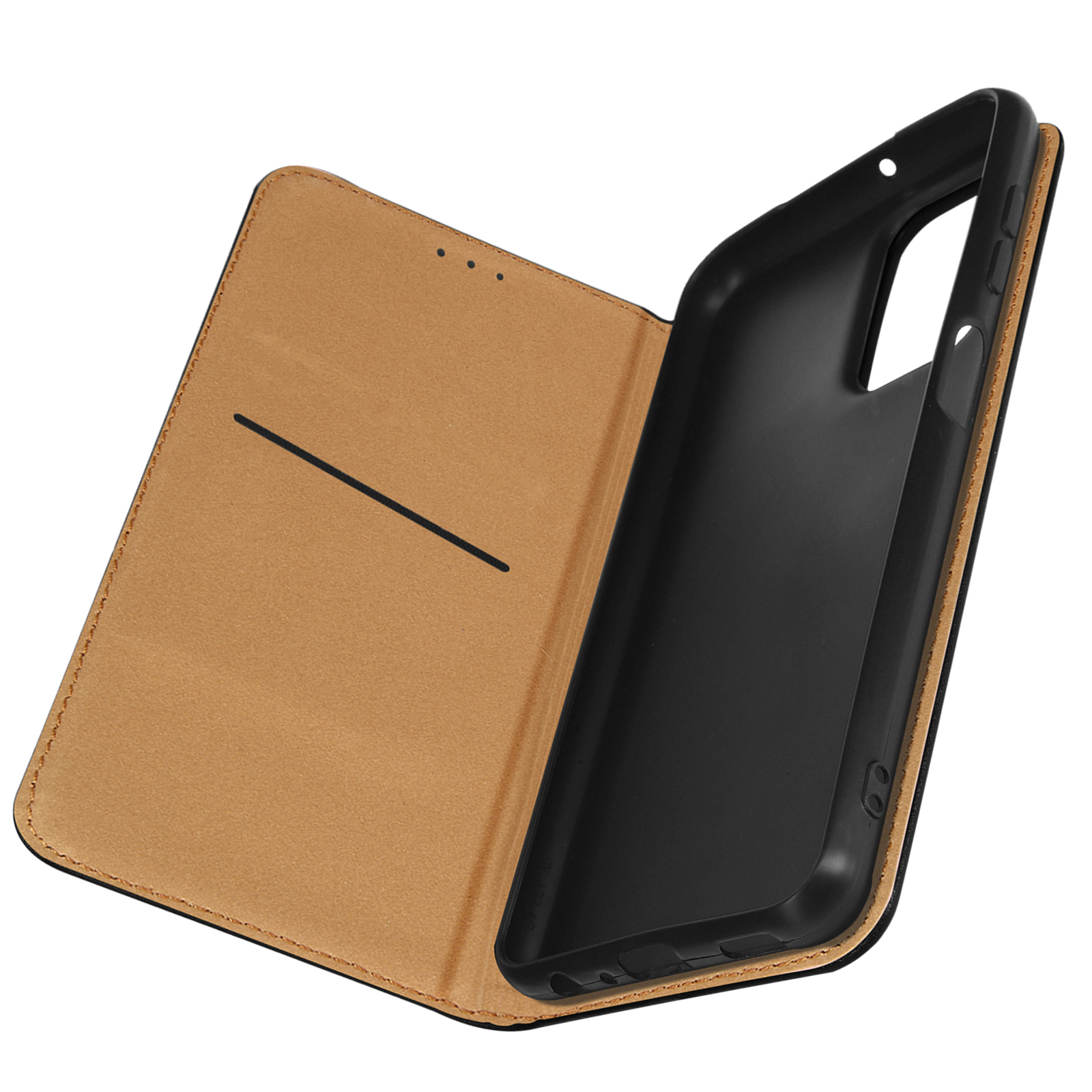 Telefono all'interno di una custodia a libro marrone aperta. La custodia è aperta, rivelando il telefono e l'interno.