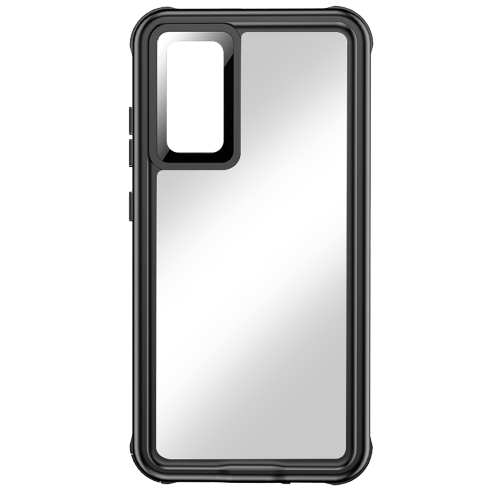 Zwarte telefoonhoes met een doorzichtige achterkant en een rechthoekige camera-uitsparing.