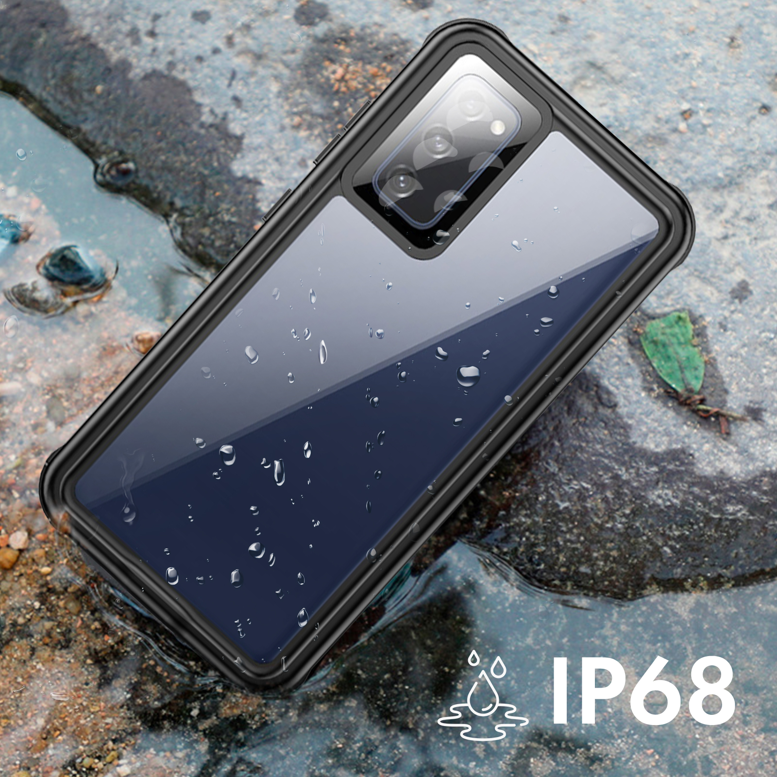 Waterdichte telefoonhoes ondergedompeld in water, met IP68-keurmerk op de bodem.