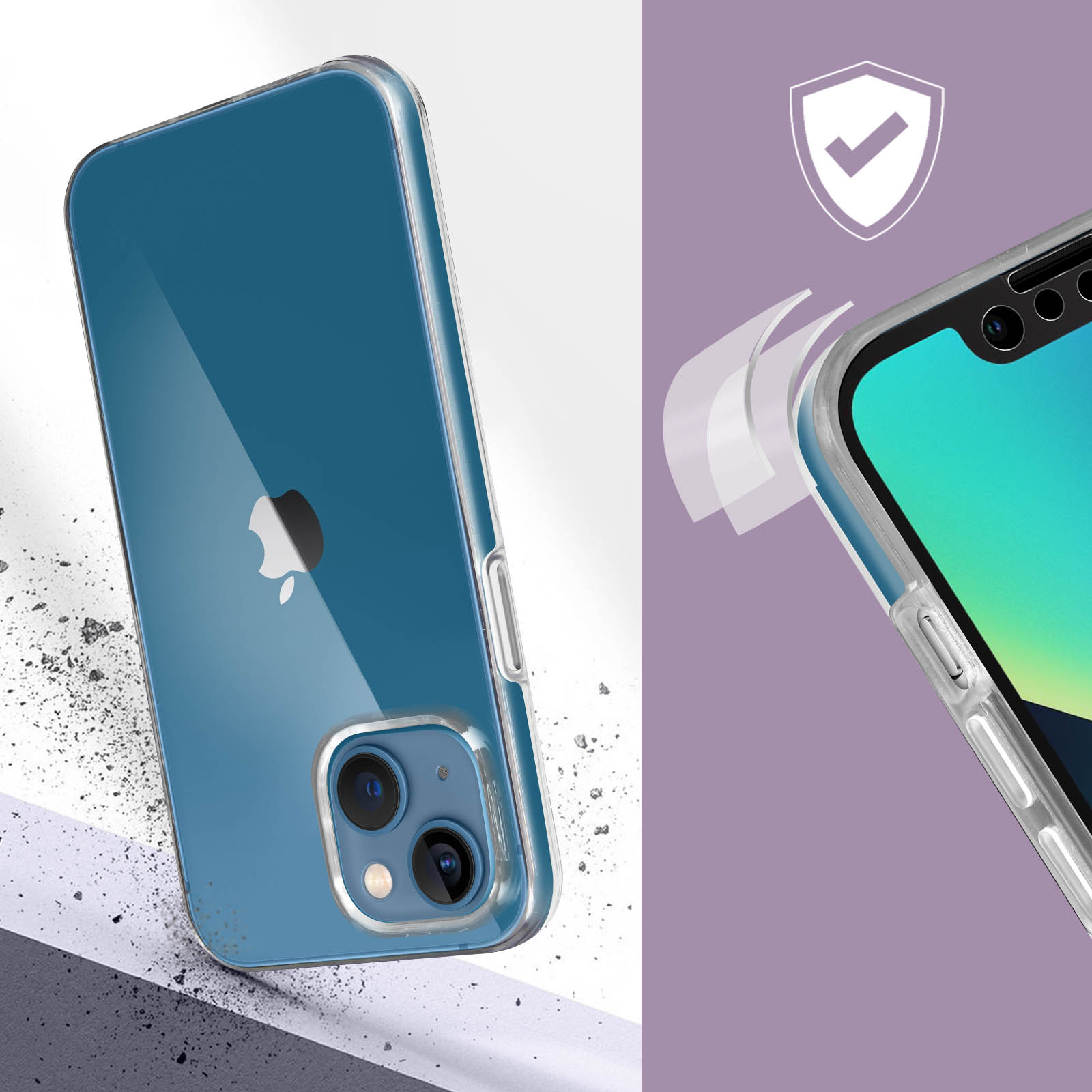 Custodia trasparente per telefono su un telefono blu. Simbolo di protezione visibile.