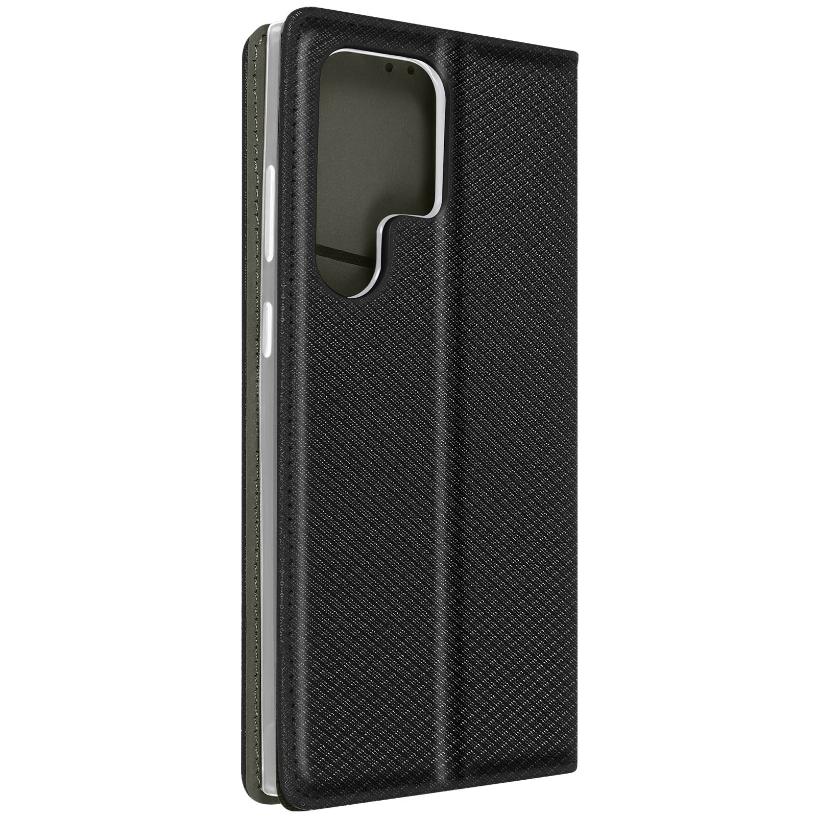Coque de téléphone noire, texturée, avec une découpe de caméra noire et un accent métallique.