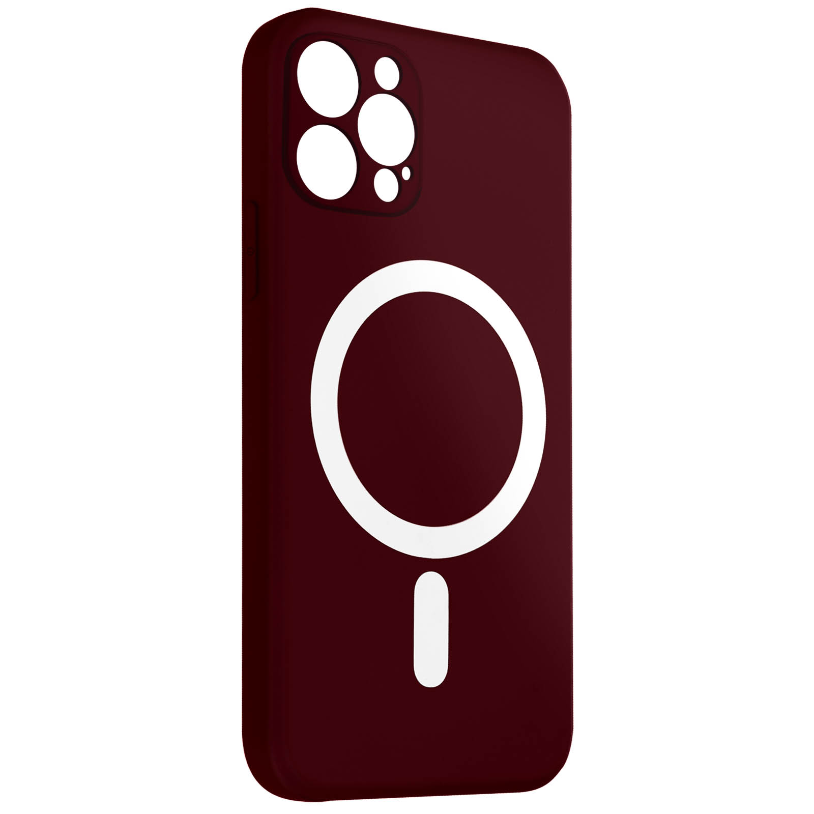 Una custodia per telefono bordeaux con un magnete circolare bianco e un segno meno. La custodia è su una superficie bianca.
