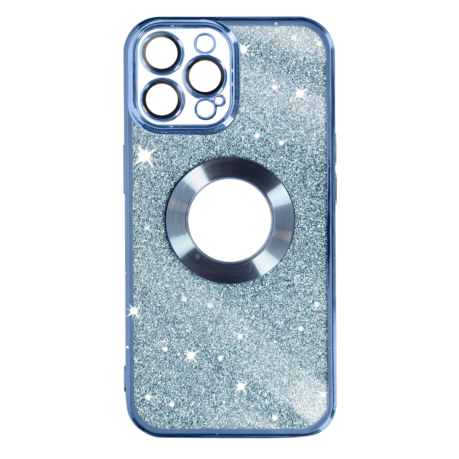Custodia blu glitterata con fori fotocamera e anello metallico.