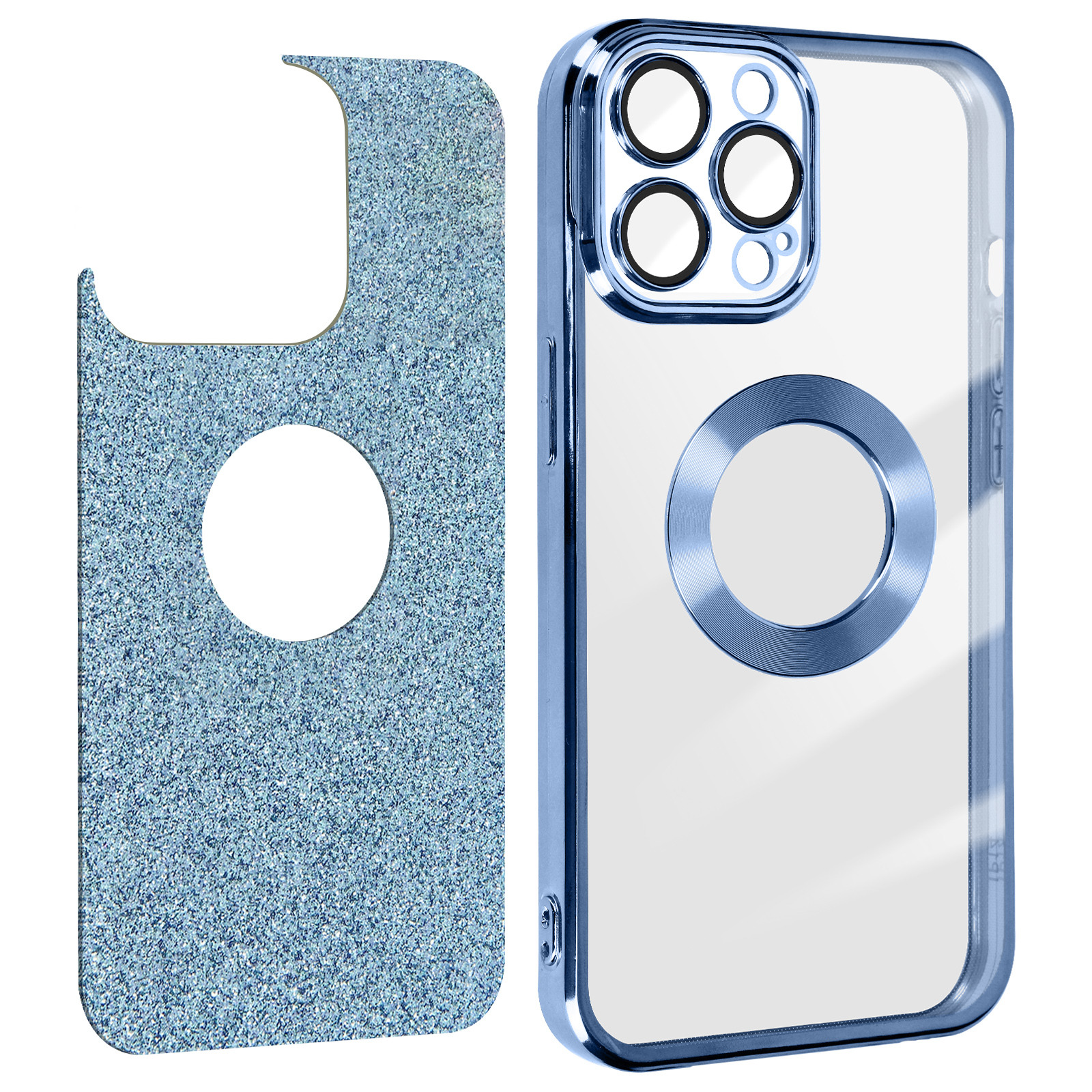 Custodia blu per telefono con retro trasparente. Un cerchio è visibile sulla custodia.