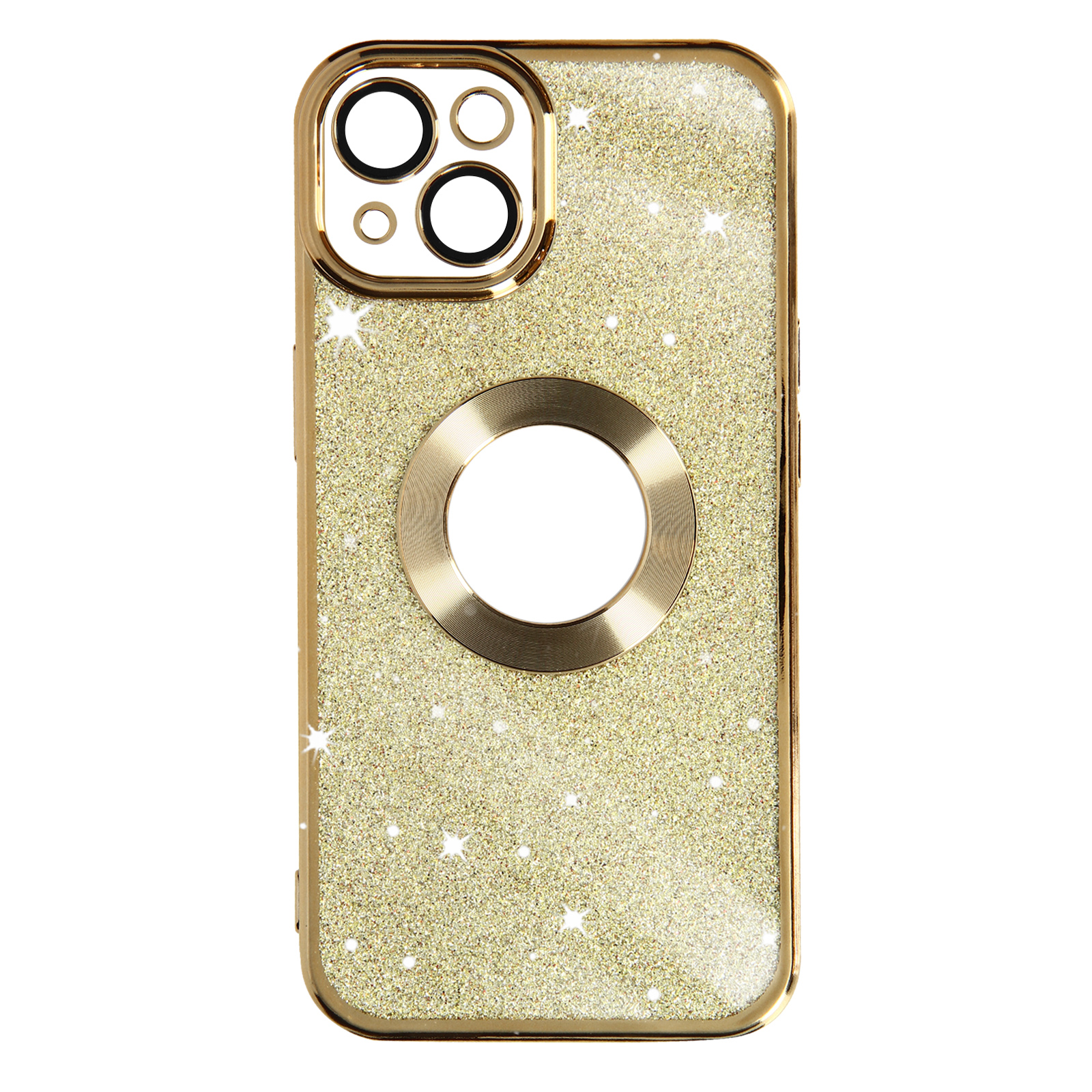 Custodia per telefono oro glitterata con fori per la fotocamera e anello di supporto. La custodia è lucida.