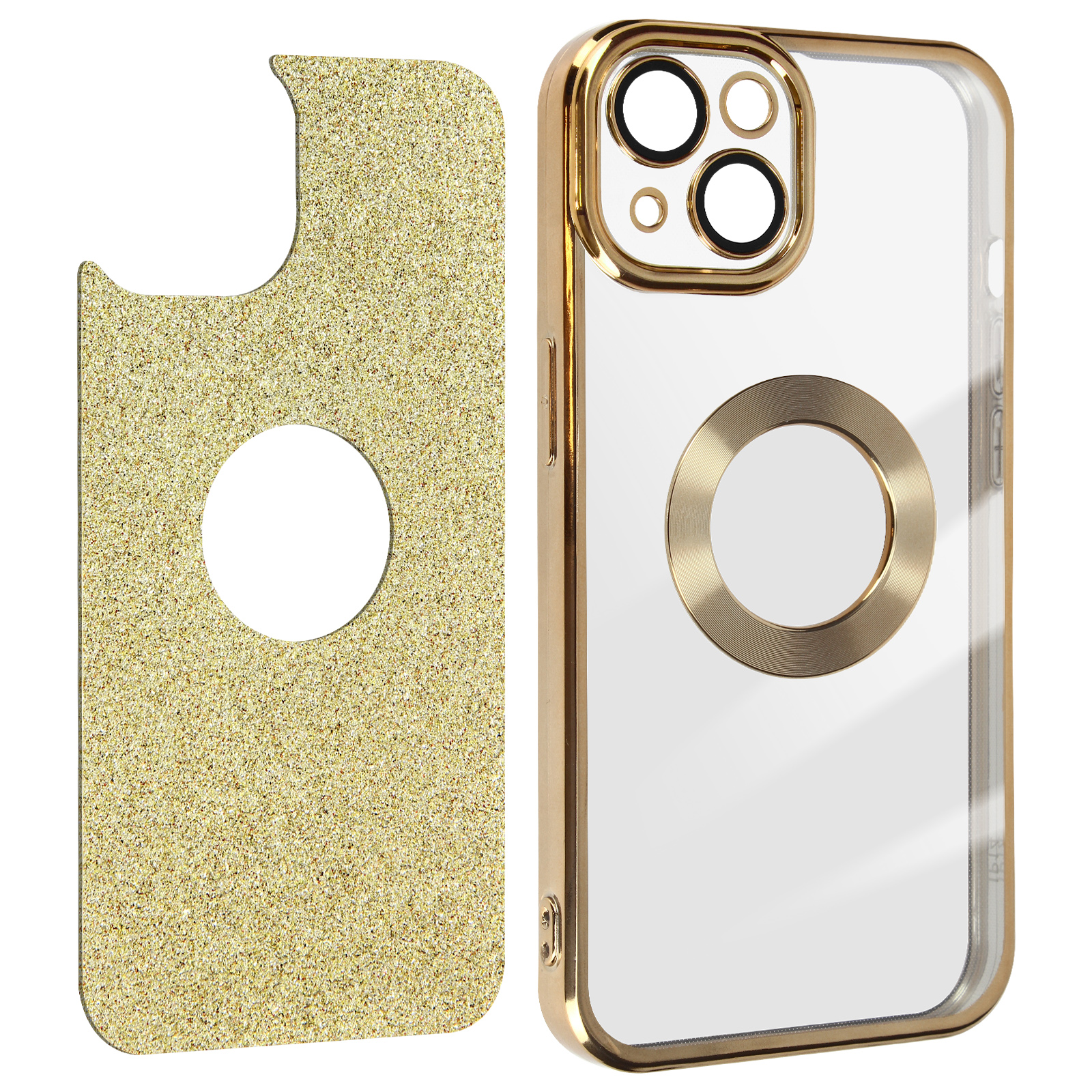 Custodia per telefono con esterno glitterato dorato e custodia trasparente con dettagli dorati.