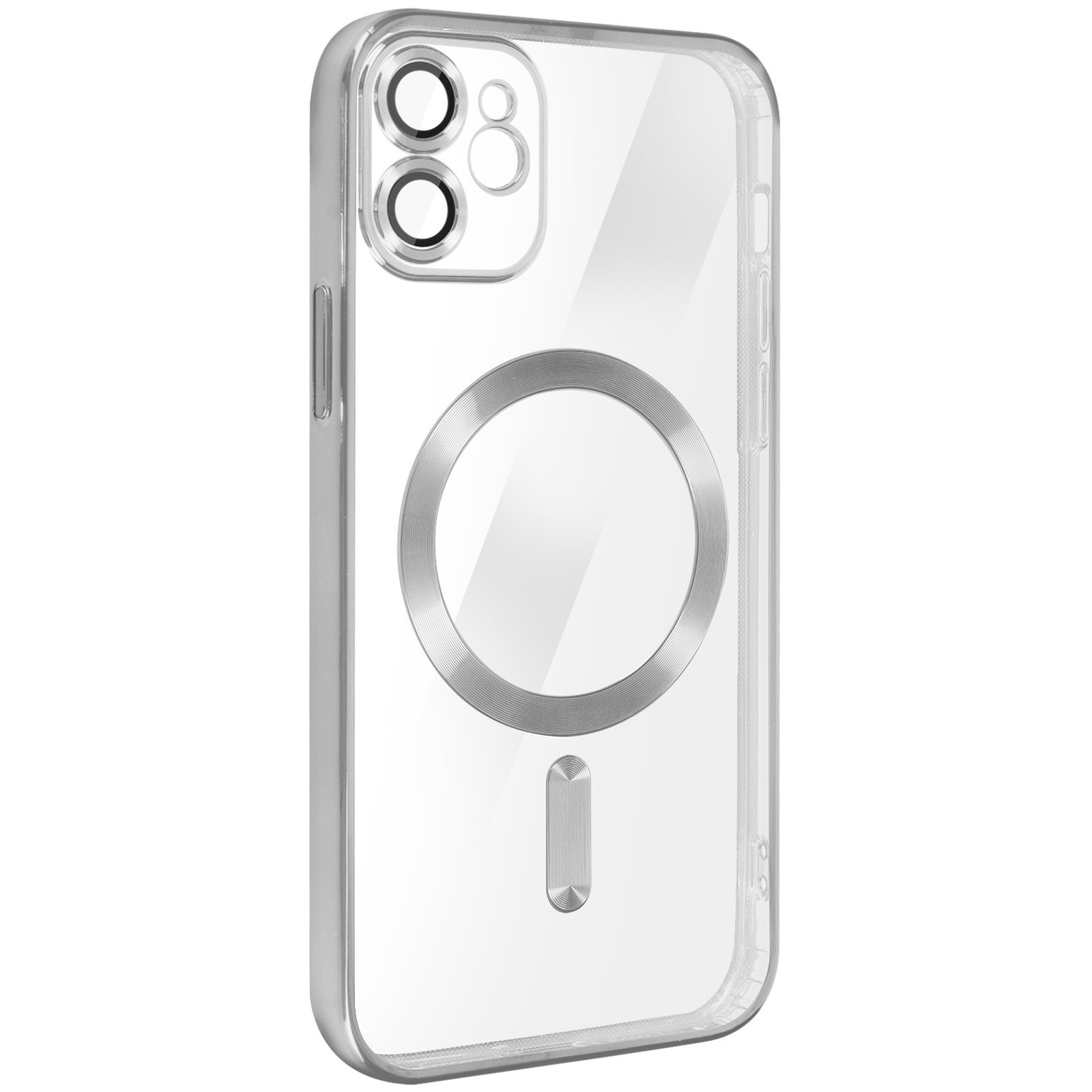 Custodia trasparente per telefono con anello argentato. La custodia è su una superficie bianca. Ha ritagli per fotocamera e pulsanti.