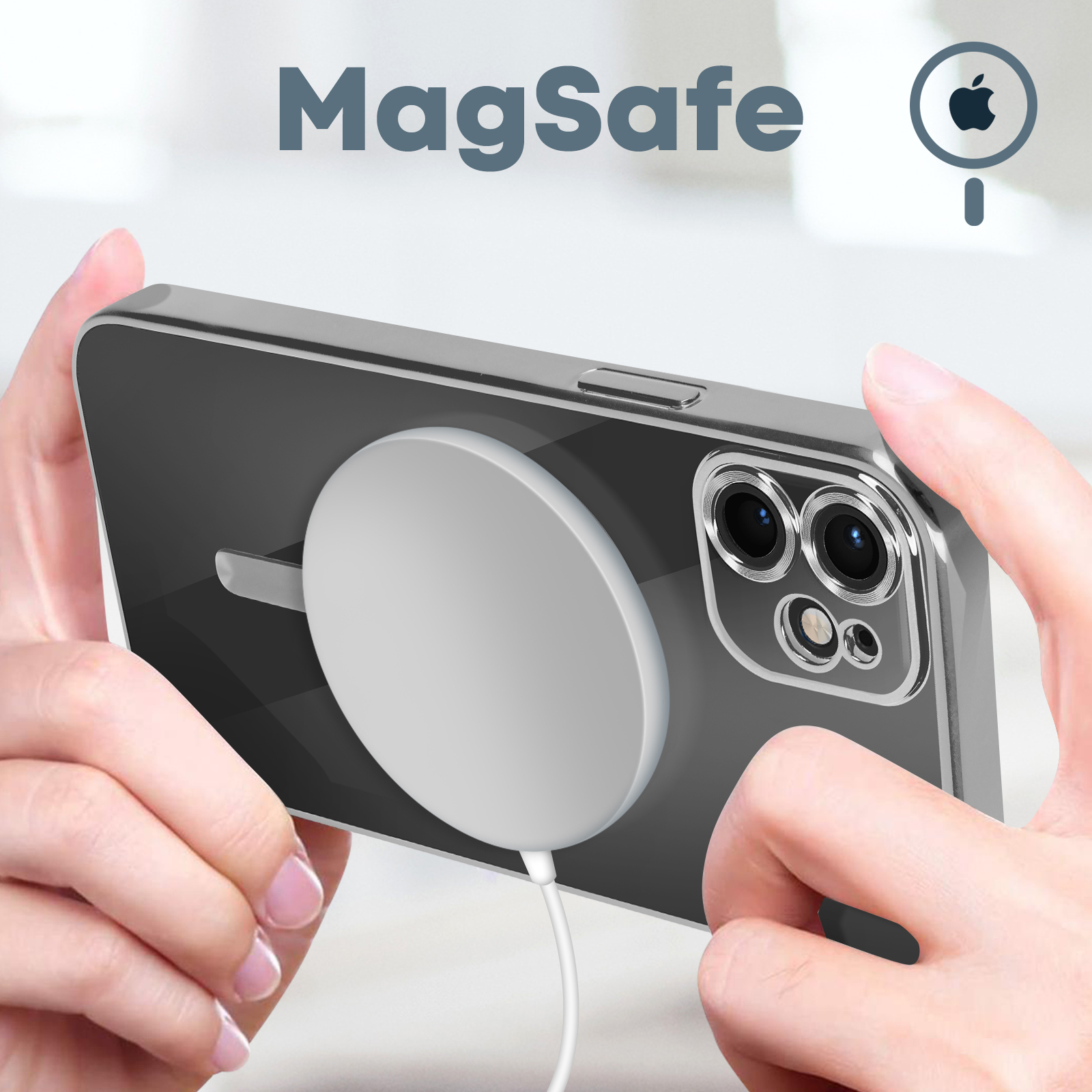 Mani che tengono un telefono con un caricatore MagSafe collegato.