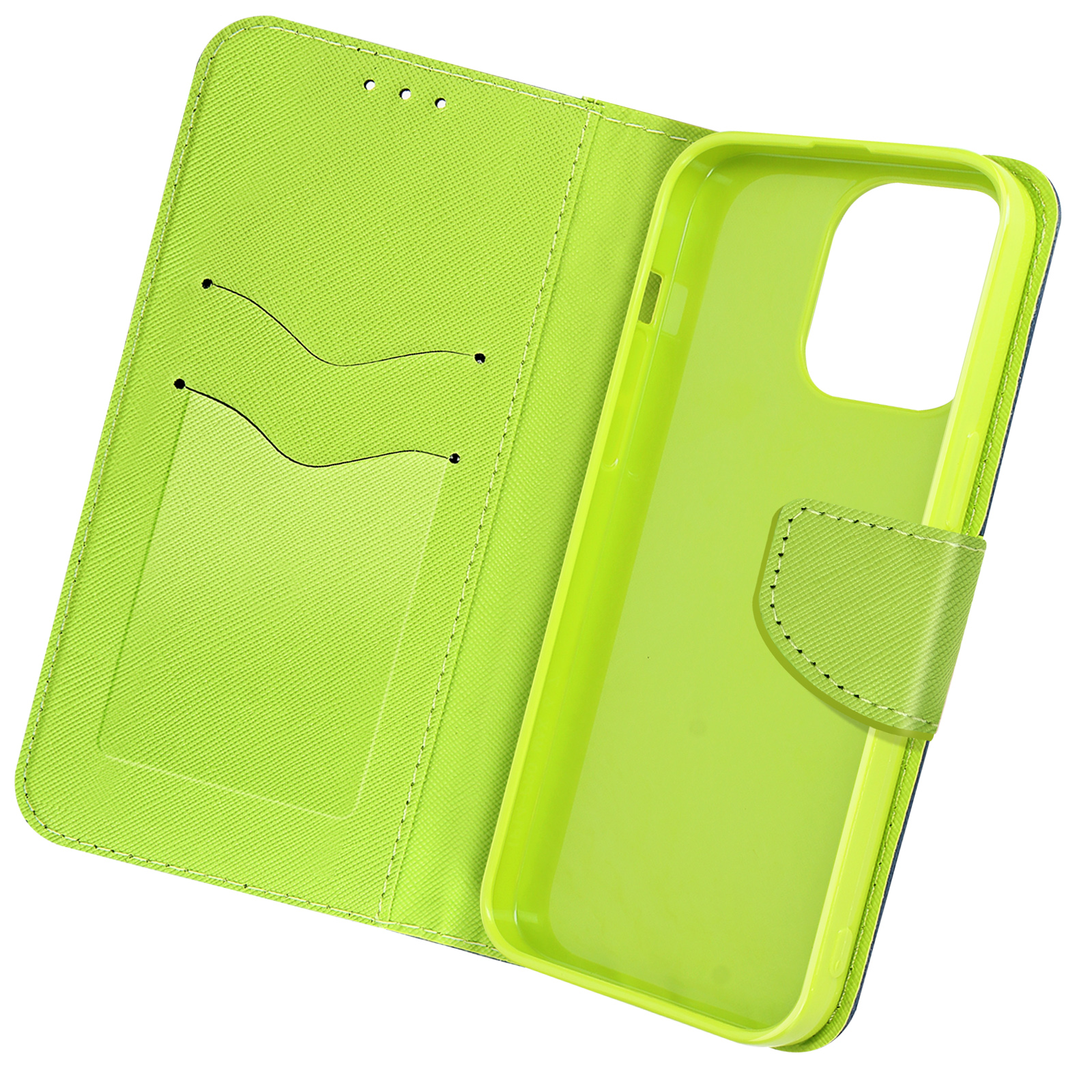 Custodia verde lime aperta per rivelare un supporto per telefono. La custodia è aperta.