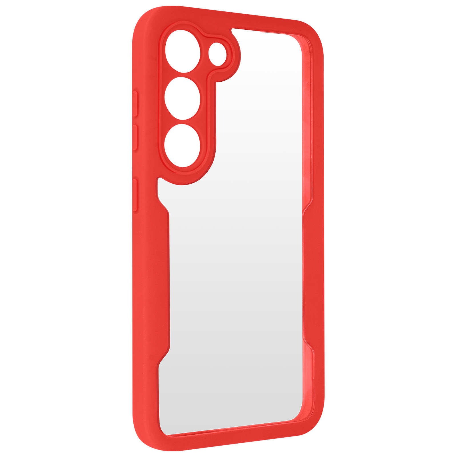 Custodia per telefono rossa con retro trasparente. Ha un ritaglio per la fotocamera e coperture per i pulsanti. La custodia è su sfondo bianco.