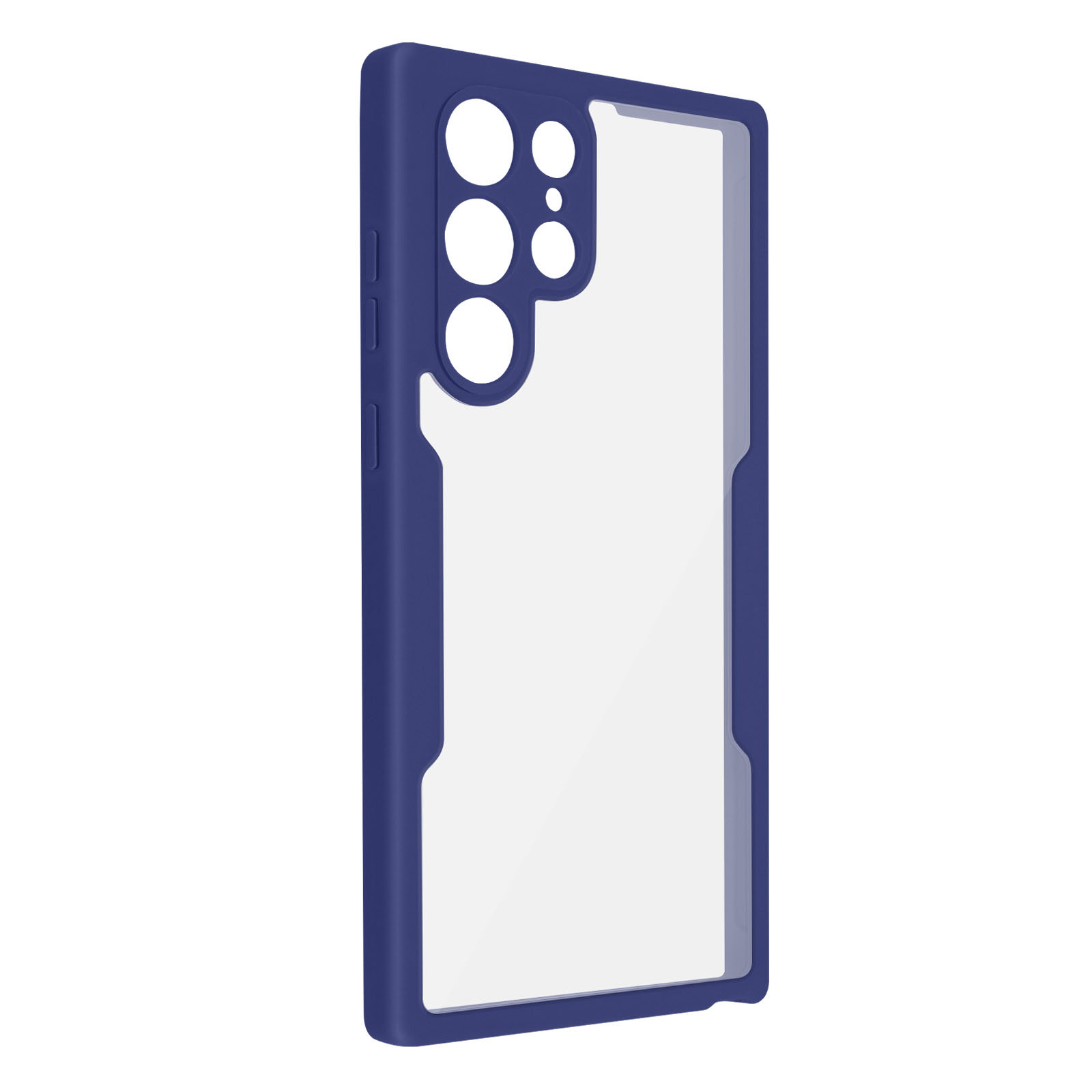 Coque bleue avec fenêtre transparente et découpes caméra.
