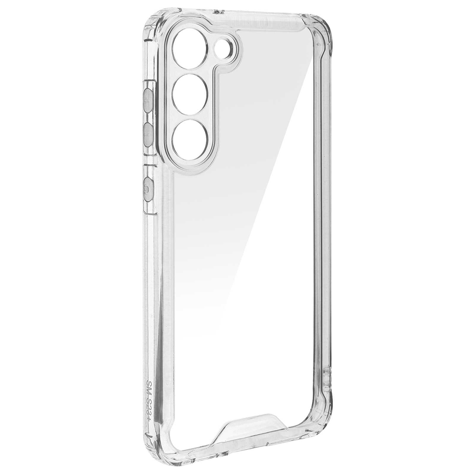 Custodia trasparente per telefono con fori per fotocamera e pulsanti.