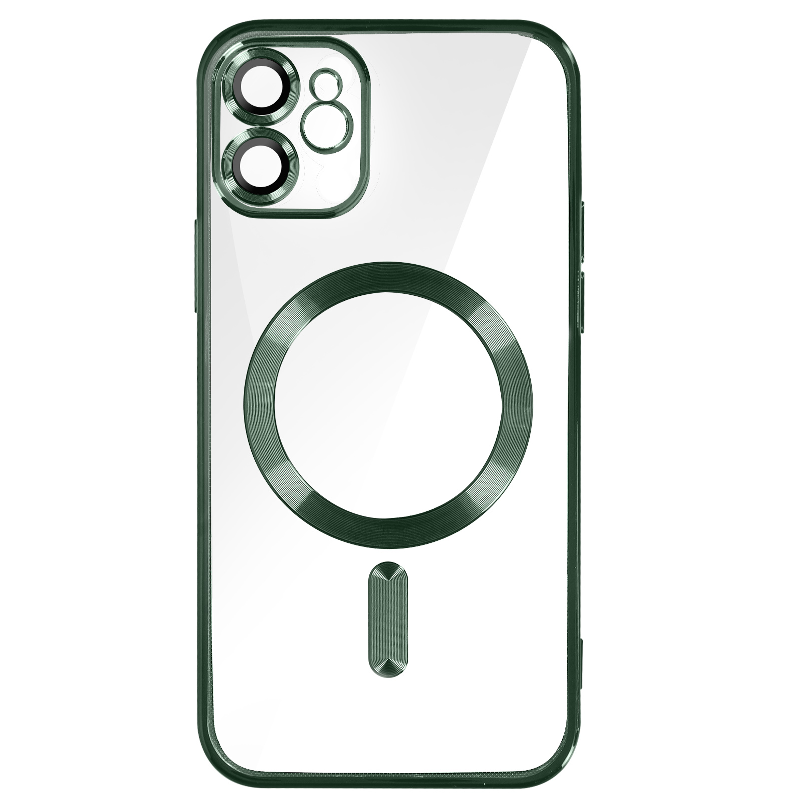 Custodia trasparente con dettagli verdi intorno alla fotocamera e un cerchio verde, su sfondo bianco.