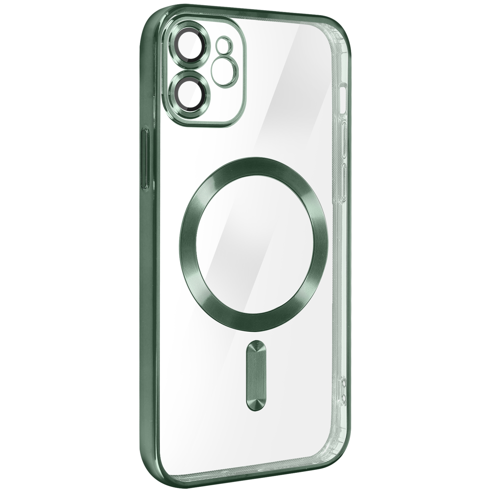 Custodia per telefono verde con retro trasparente e cerchio della fotocamera verde. La custodia è trasparente.