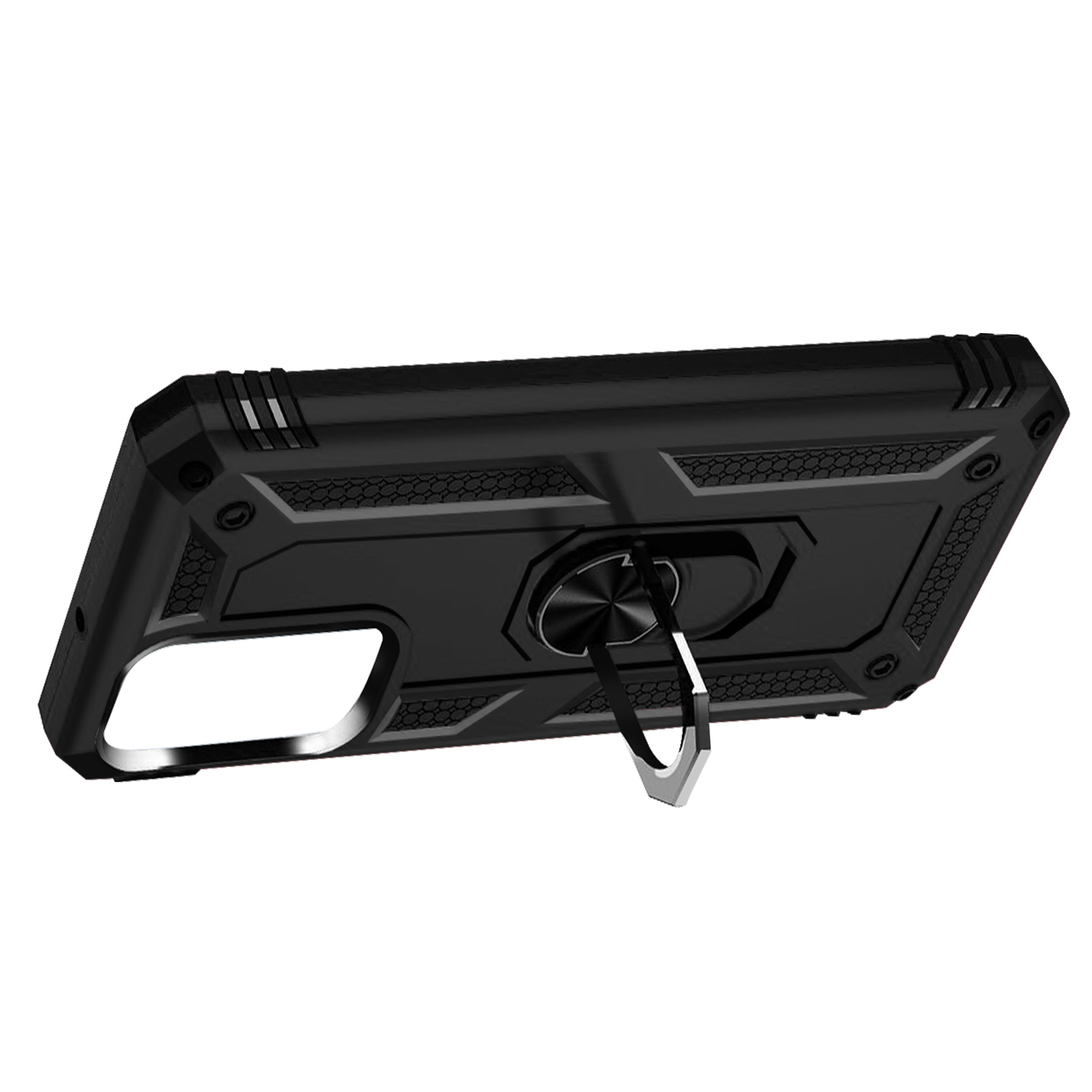 Custodia nera per telefono con anello di supporto. La custodia ha un design robusto. Sfondo bianco.