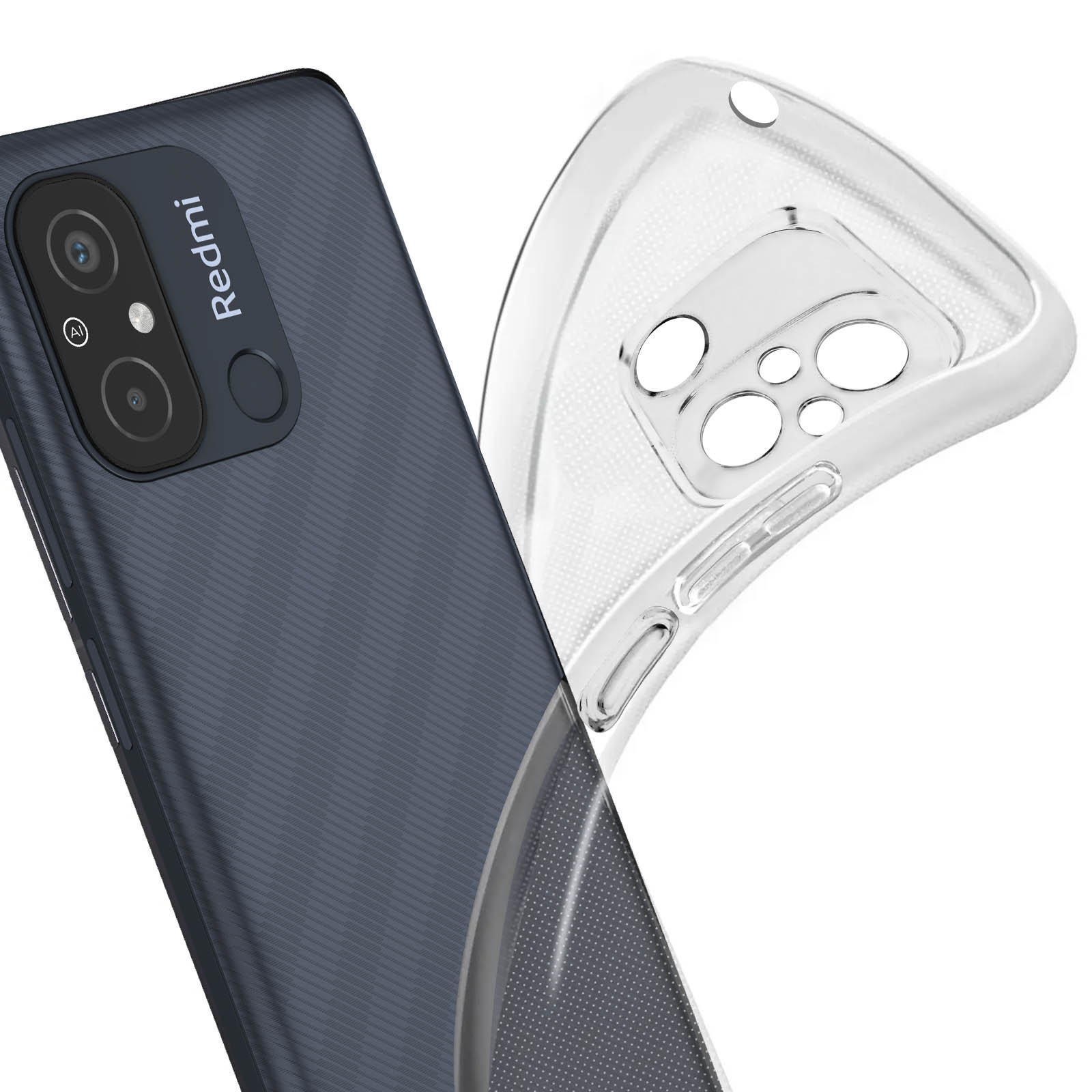 Due telefoni, uno con custodia. Telefono grigio con fotocamera nera. Custodia trasparente di lato.
