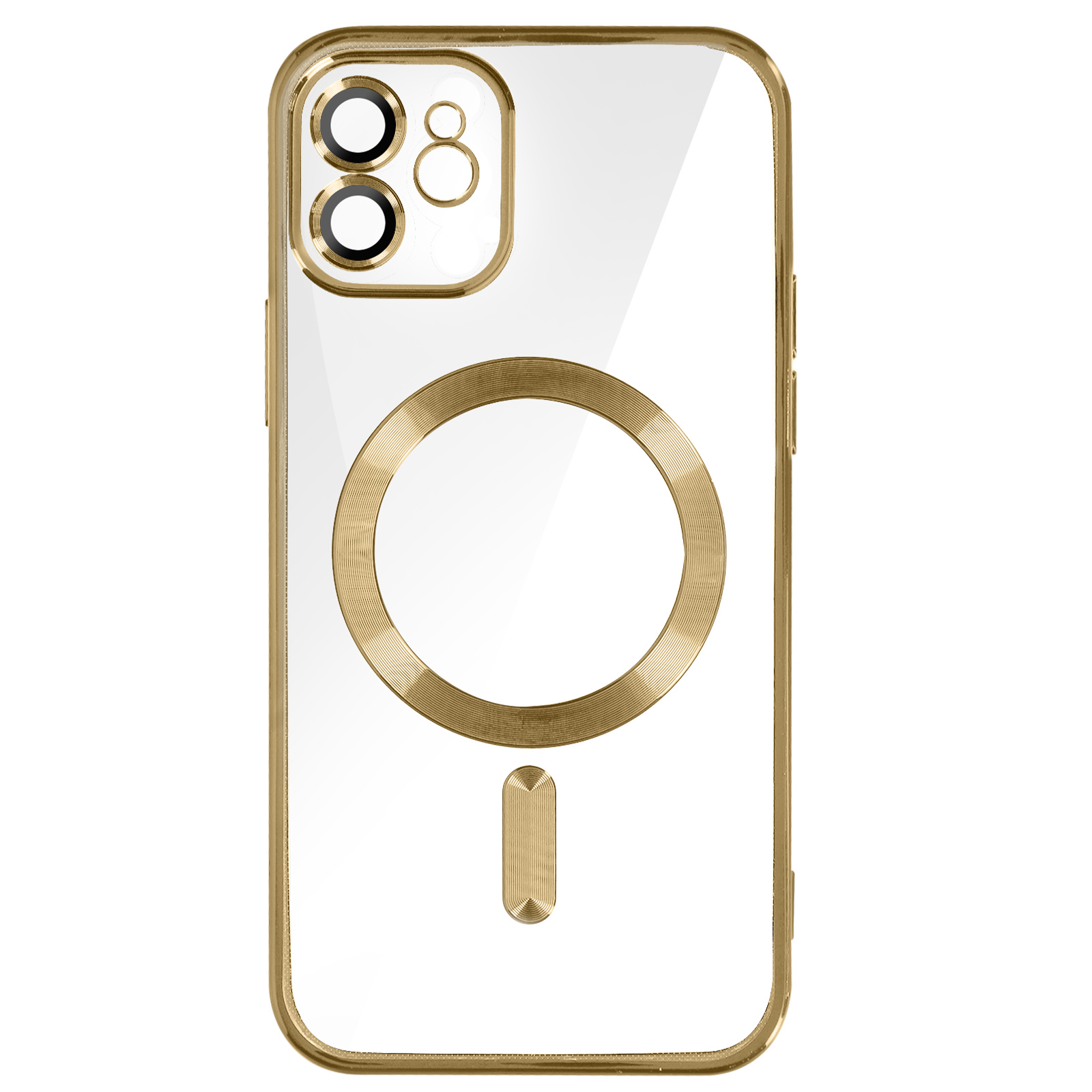 Una custodia trasparente per telefono con cornice dorata e un cerchio e un rettangolo dorati sul retro.