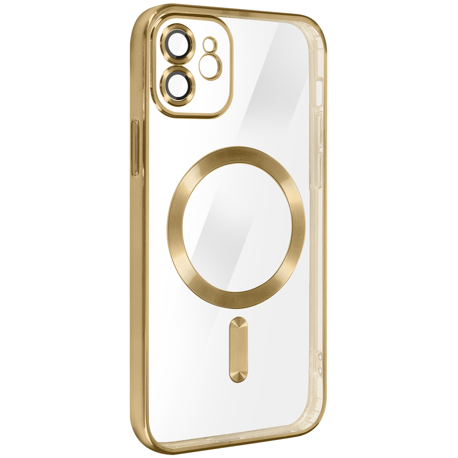 Custodia per telefono color oro con retro trasparente, anello magnetico circolare e dettagli fotocamera.