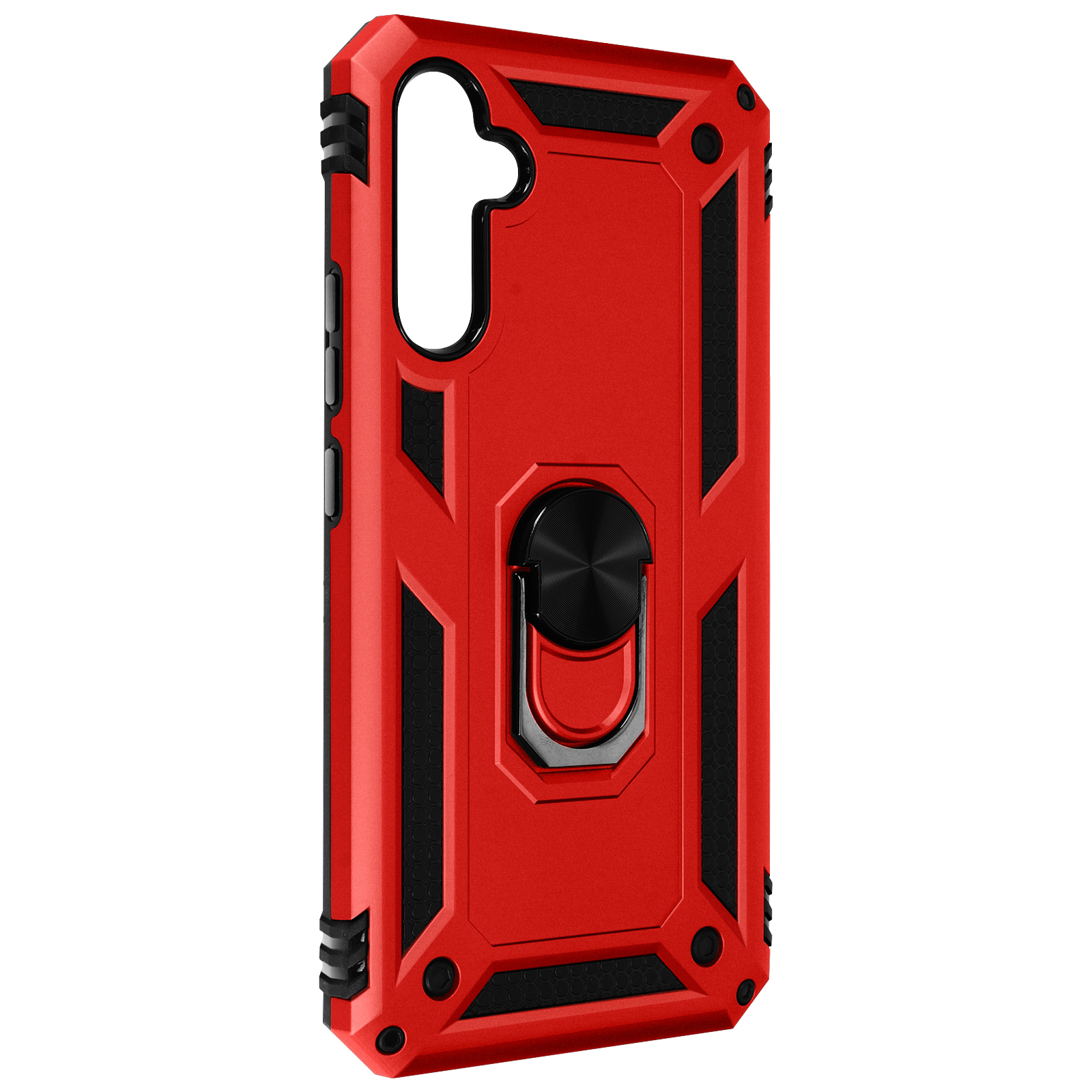 Coque de téléphone rouge. Accents noirs. Inclut un support d'anneau. Design robuste. Noir et rouge.